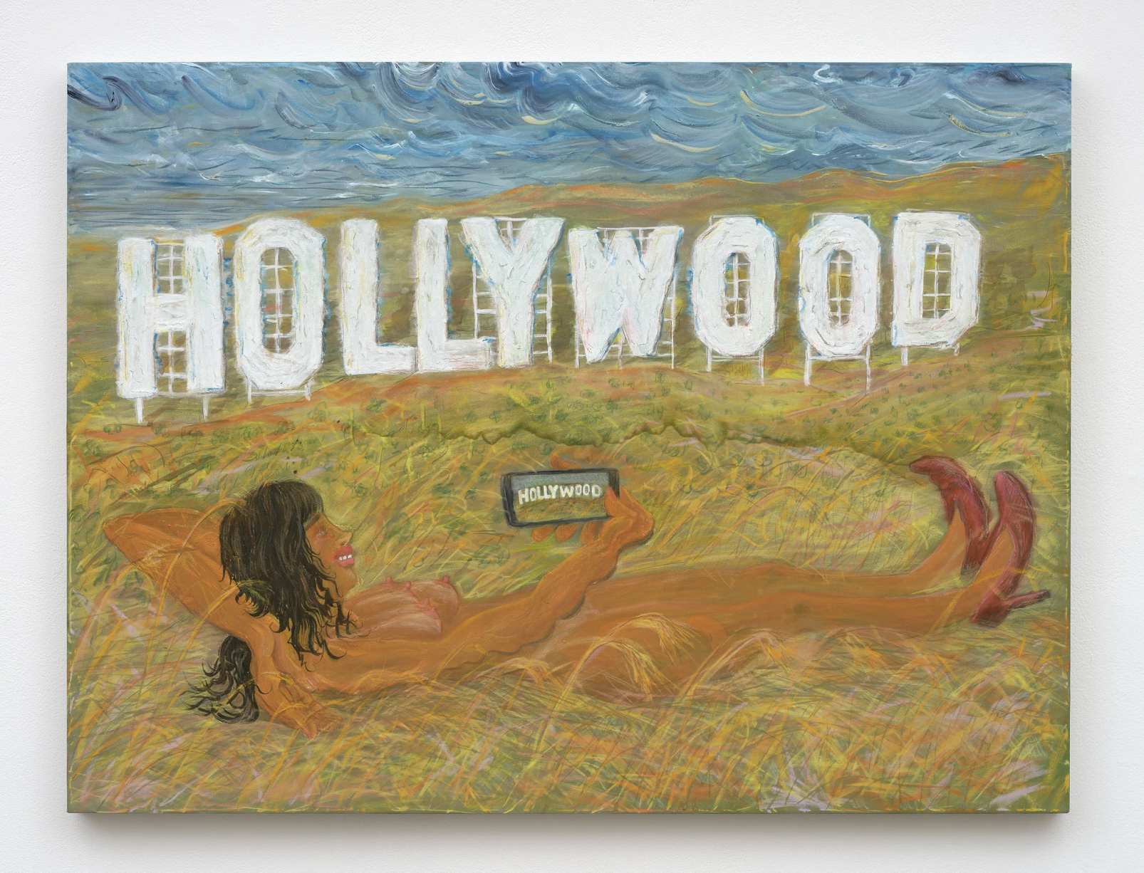 Michael Haight The Hollywood Sign in Dry Grass, or, Gas, Grass or Ass Nobody Rides for Free (After Wyeth), 2026 Ink, acrylic, colored pencil, chalk, and polymer on reflective projection screen 30 x 40 in 76.2 x 101.6 cm (MHA16.001)
