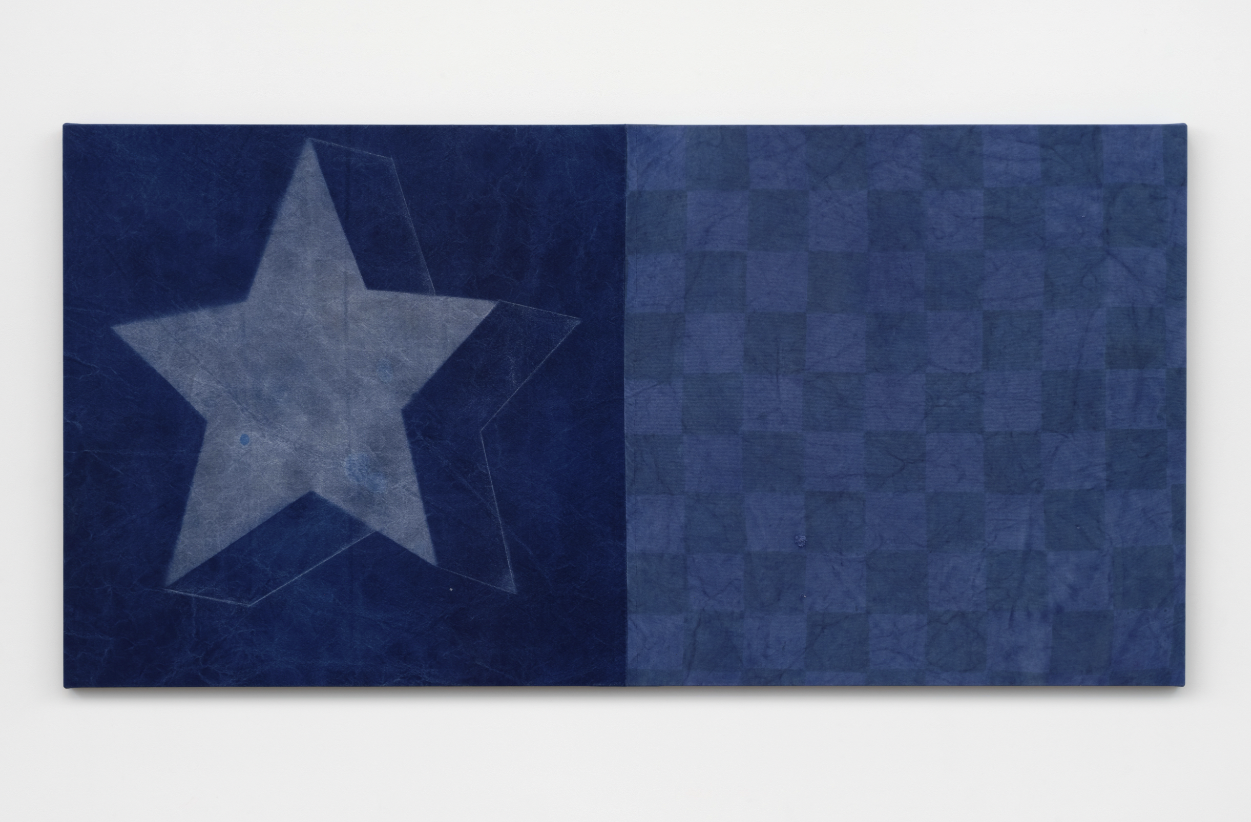 Nicolas Shake Space Race (star and checkered flag), 2026 Dye on canvas, nylon thread, cotton thread, heat fused patches, weathered and laundered 48 x 96 in 121.9 x 243.8 cm