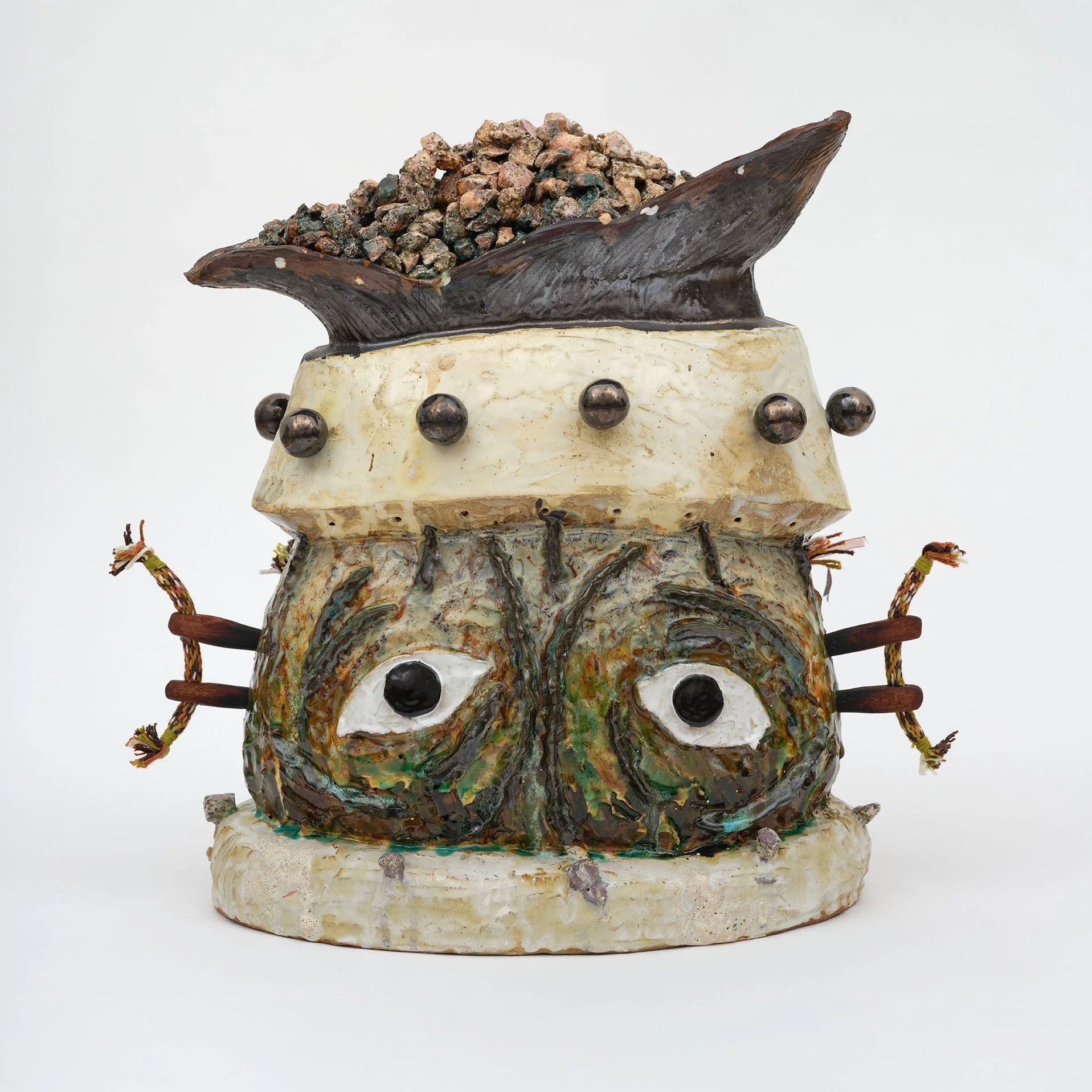 Josh Cloud Stockpile, 2026 Ceramic, granite, mahogany, aluminum rod, cotton and acrylic cord 18 1/2 x 16 x 10 in 47 x 40.6 x 25.4 cm (JCL26.005)