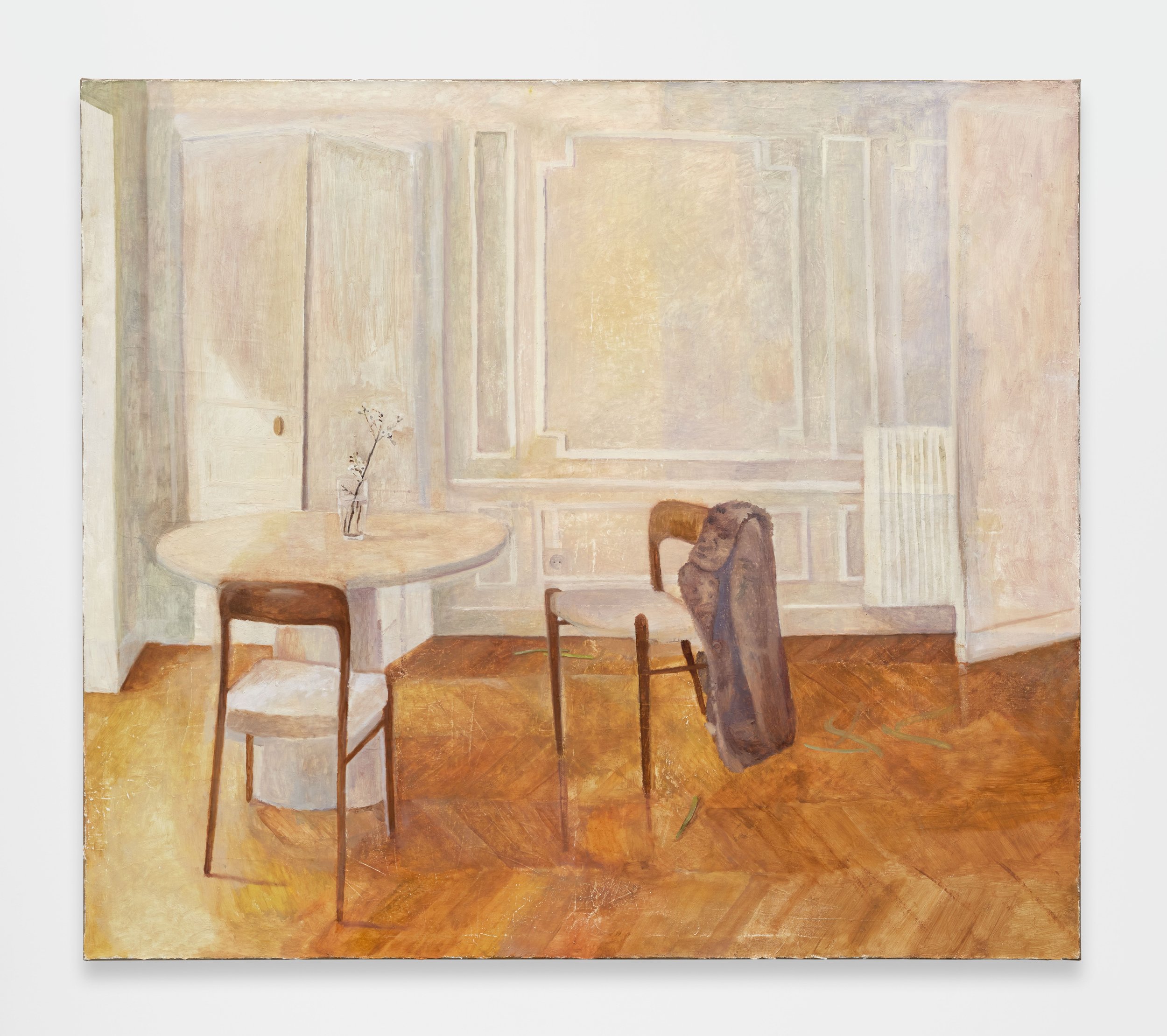 Flora Temnouche Interior with a fur, 2026 Oil on canvas 59 x 66 in / 149.9 x 167.6 cm