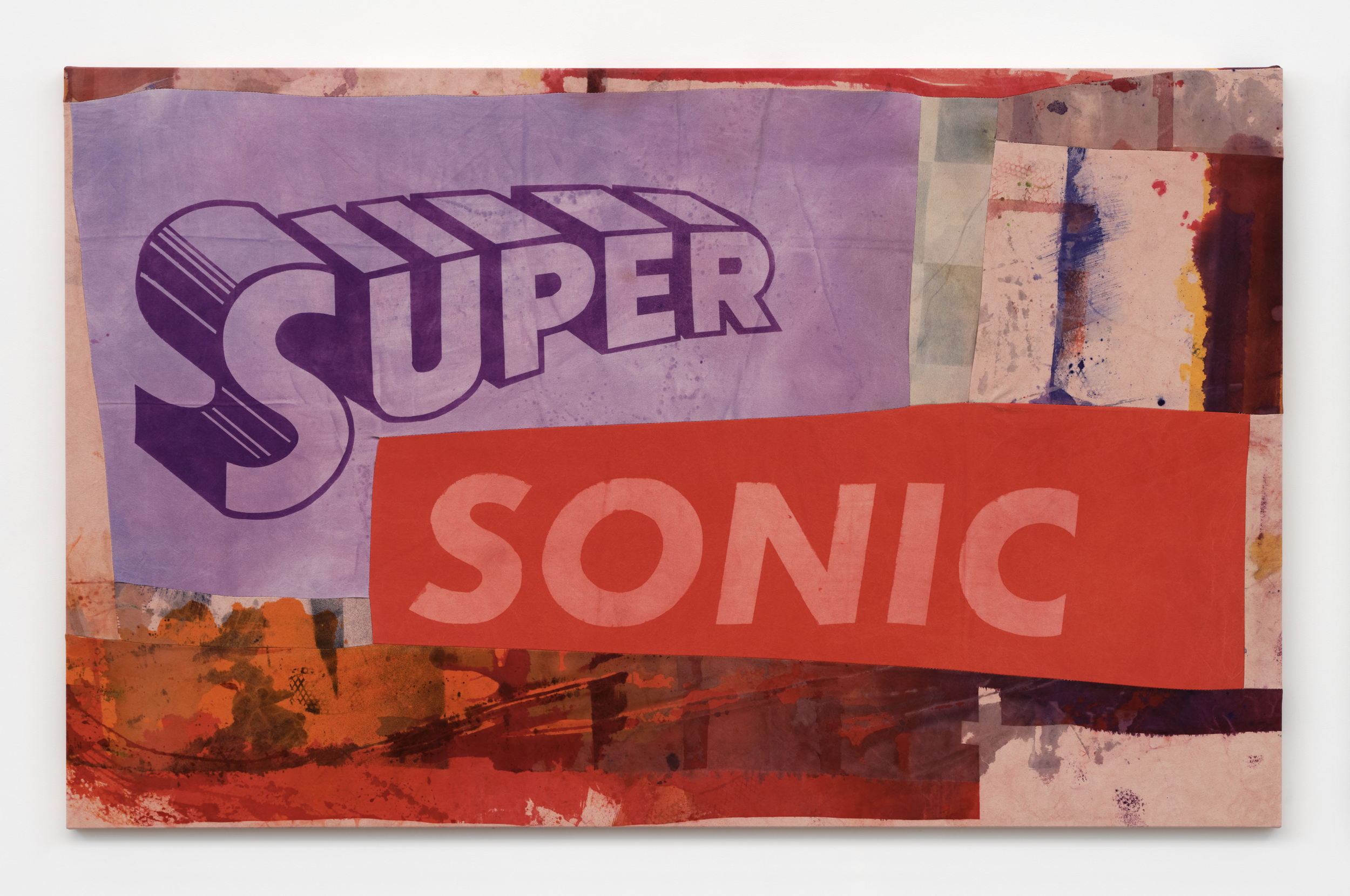 As American as Superman and Hamburgers (SUPER SONIC), 2026 Dye on canvas, nylon thread, cotton thread, weathered and laundered 60 x 96 in 152.4 x 243.8 cm