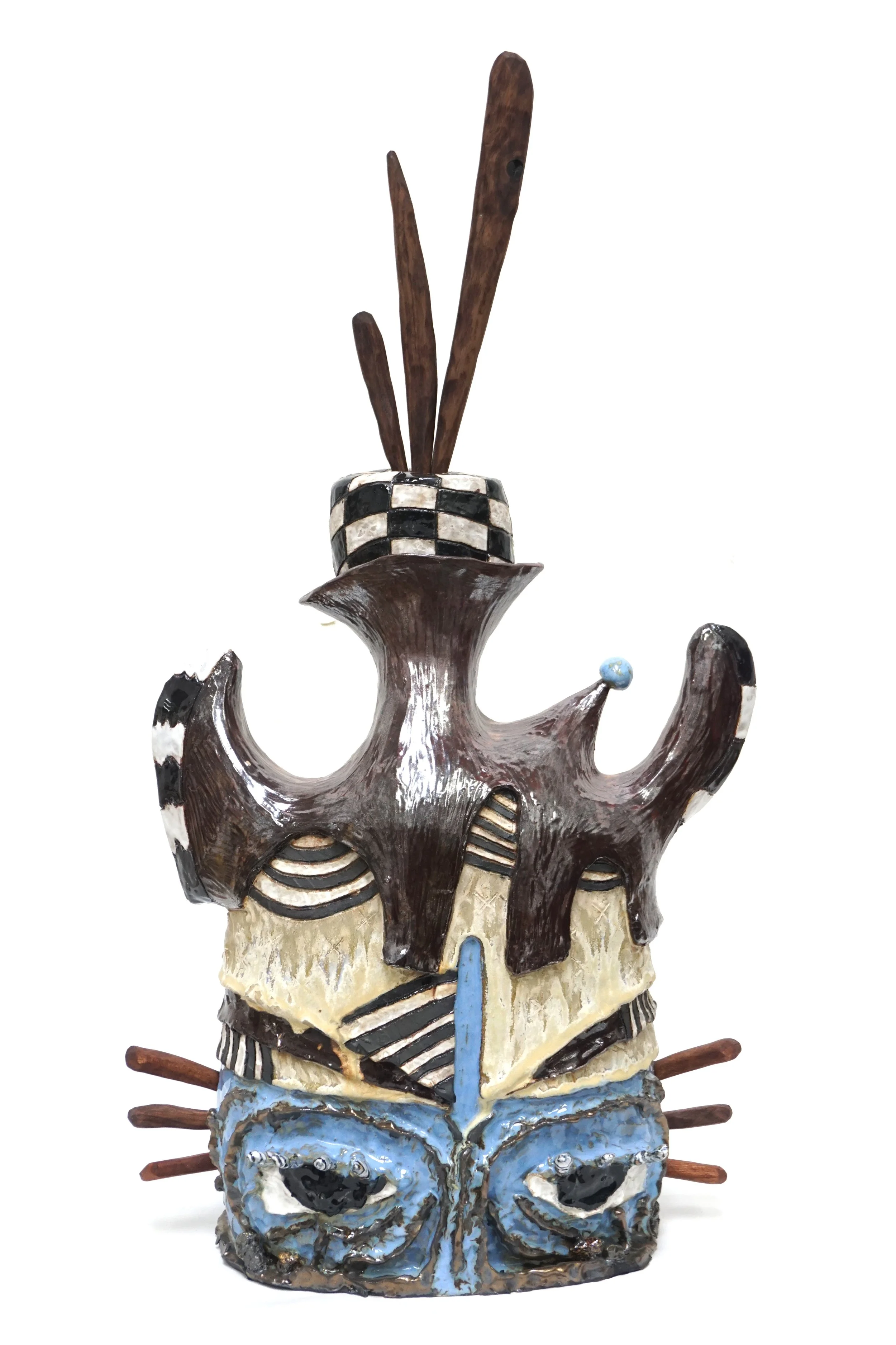 Josh Cloud
 Helm , 2025
Ceramic, fiber, mahogany, black walnut, and granite
31 × 17 × 9 1/2 in
78.7 × 43.2 × 24.1 cm
(JCL25.008)