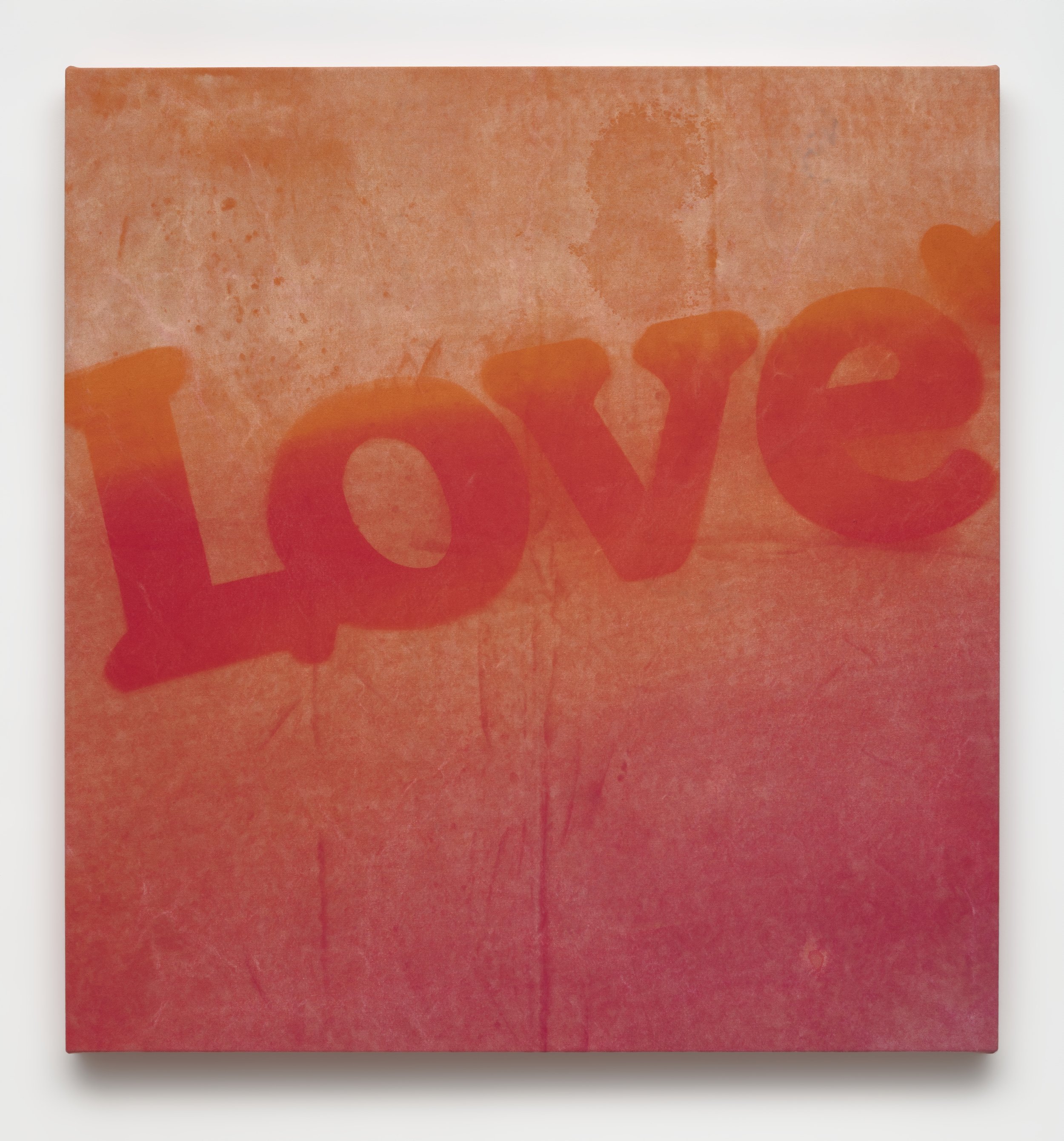 Nicolas Shake, Love (orange radiant), 2025 dye on canvas weathered and laundered 38 x 36 x 2 in 96.5 x 91.4 x 5.1 cm (NSH25.037)
