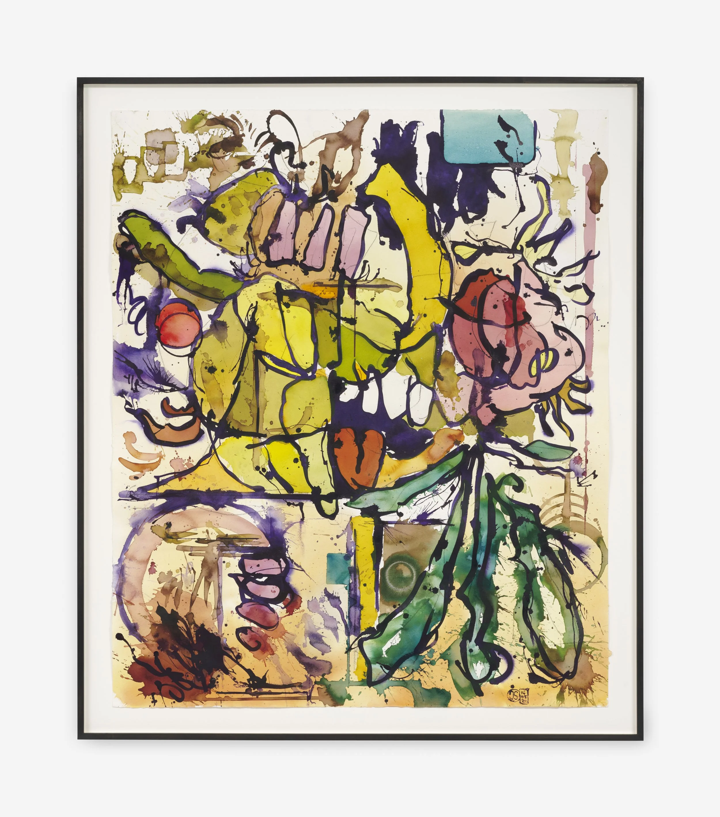Jan-Ole Schiemann
 UNTITLED (PURPIL) , 2022
Ink, watercolor on paper
49 1/2 x 42 3/8 x 1 5/8 in (framed0
125.8 x 107.5 x 4 cm (framed)
(JS22.025)