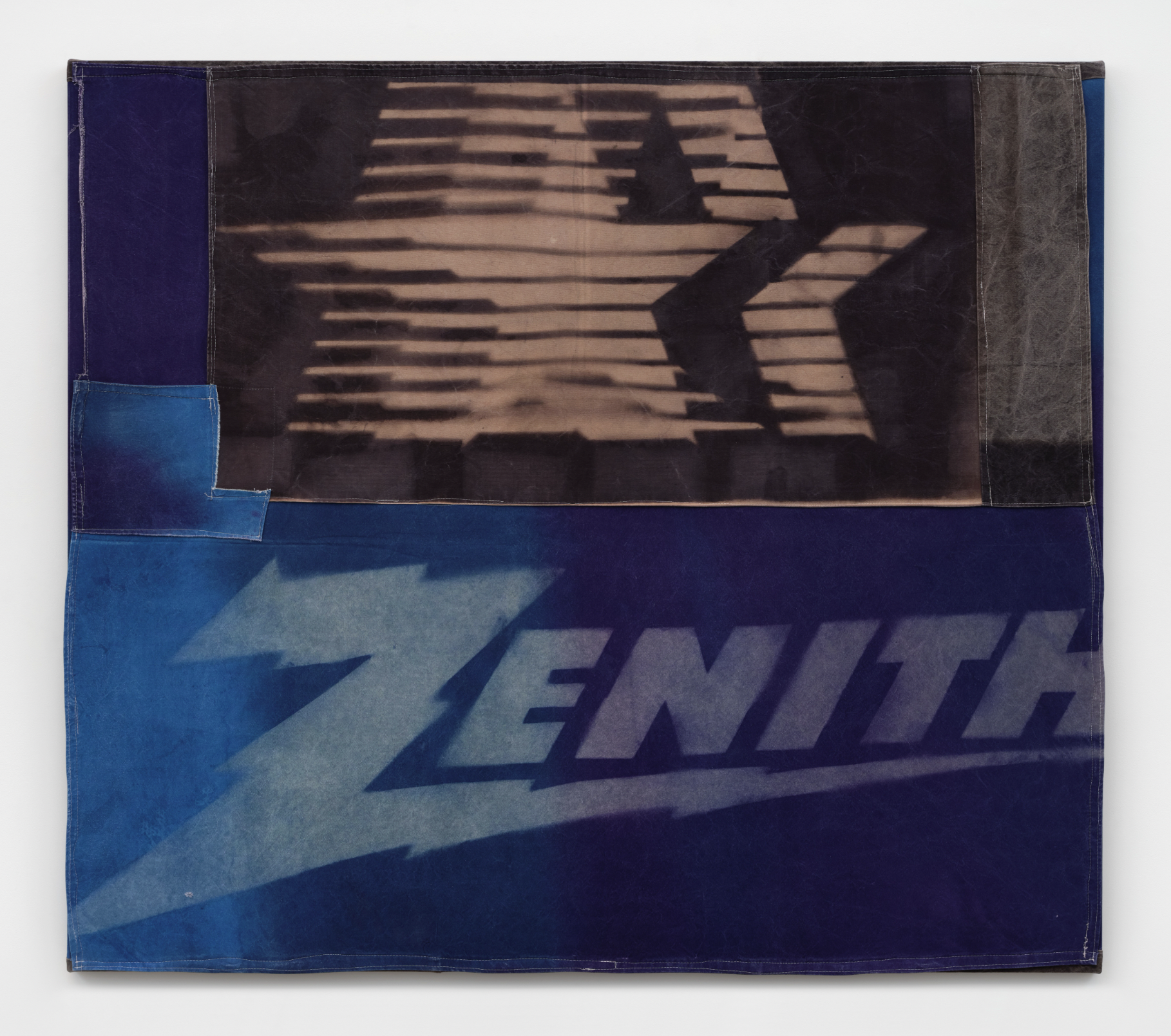 Nicolas Shake The highest point reached by a celestial object (Zenith and 1984 Olympic Star), 2026 Dye on canvas, nylon thread, weathered and laundered 72 x 82 in 182.9 x 208.3 cm