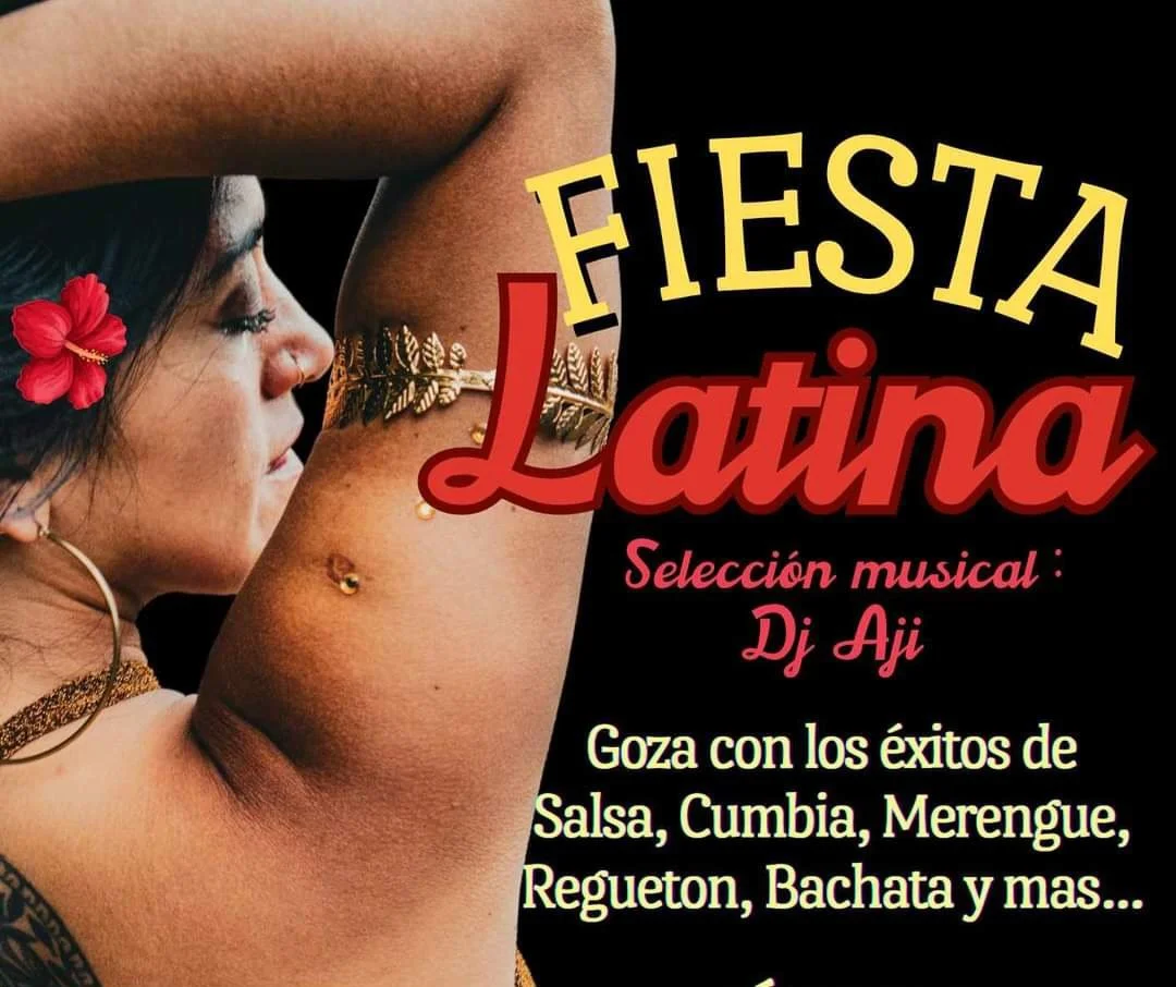 Poster for a Latin fiesta featuring musical selection by DJ Aji, with a woman of Latin descent wearing traditional jewelry and a red hibiscus in her hair.