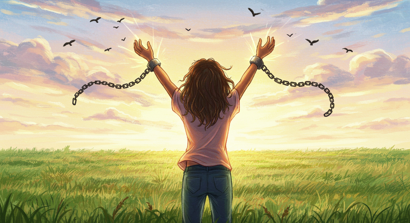 A woman standing in a field at sunset, with her arms raised and broken chain links on her wrists, looking at the sky with birds flying overhead.