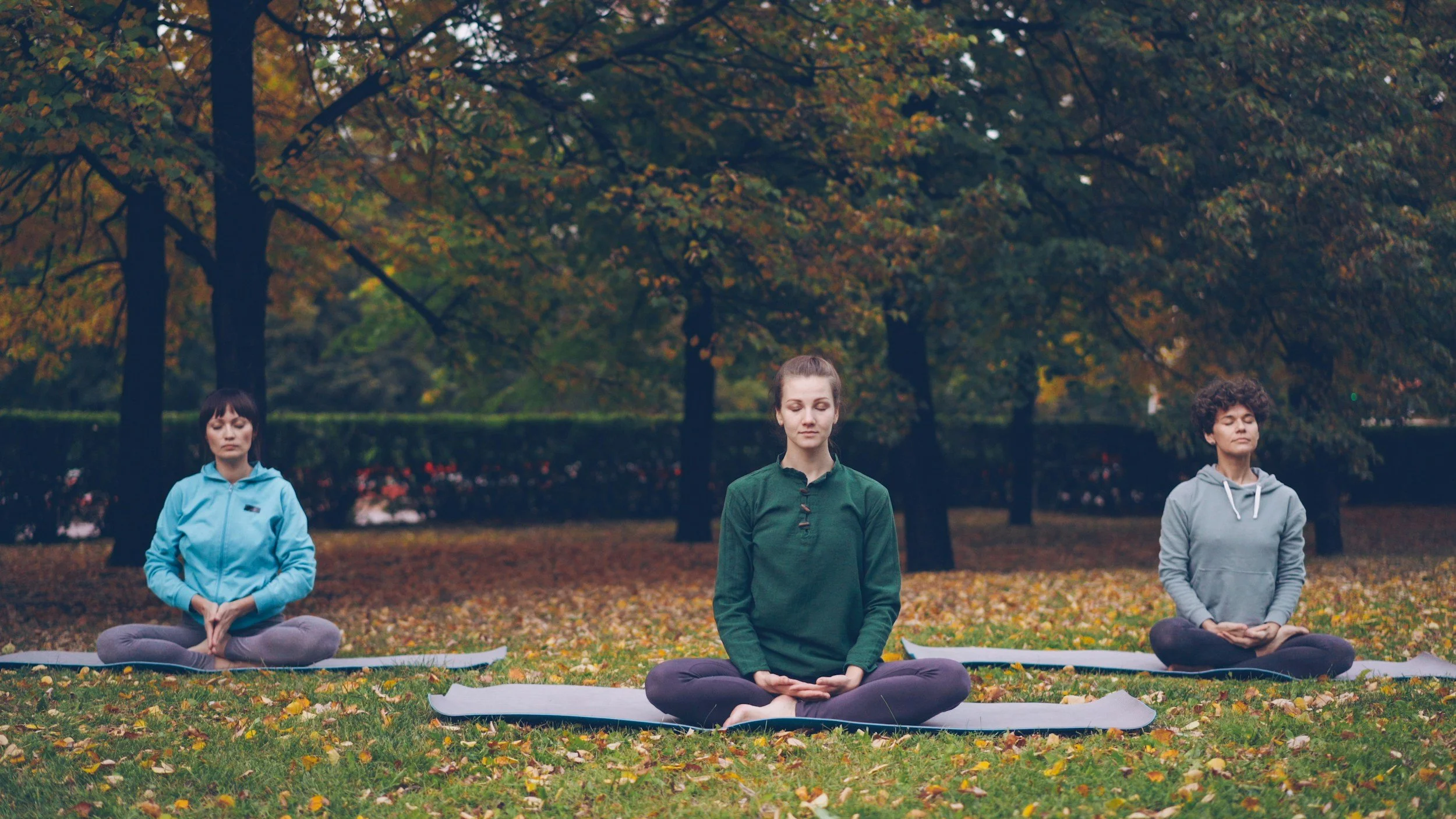 Three women practicing yoga outdoors in a park with autumn foliage, sitting cross-legged on yoga mats with eyes closed.