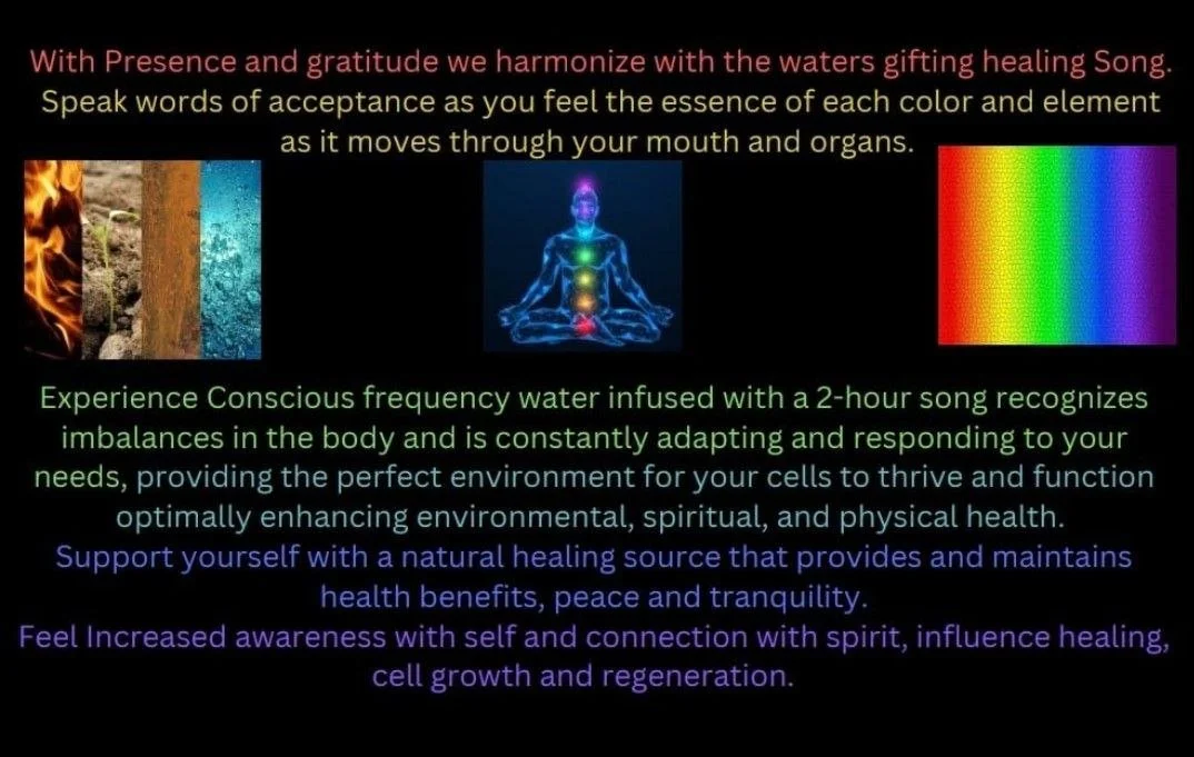 Promotional graphic about healing through water and music with images of elements like fire, earth, and water, and a rainbow spectrum. Includes text on experiencing conscious frequency water, harmony with elements, and benefits for health and spirituality.