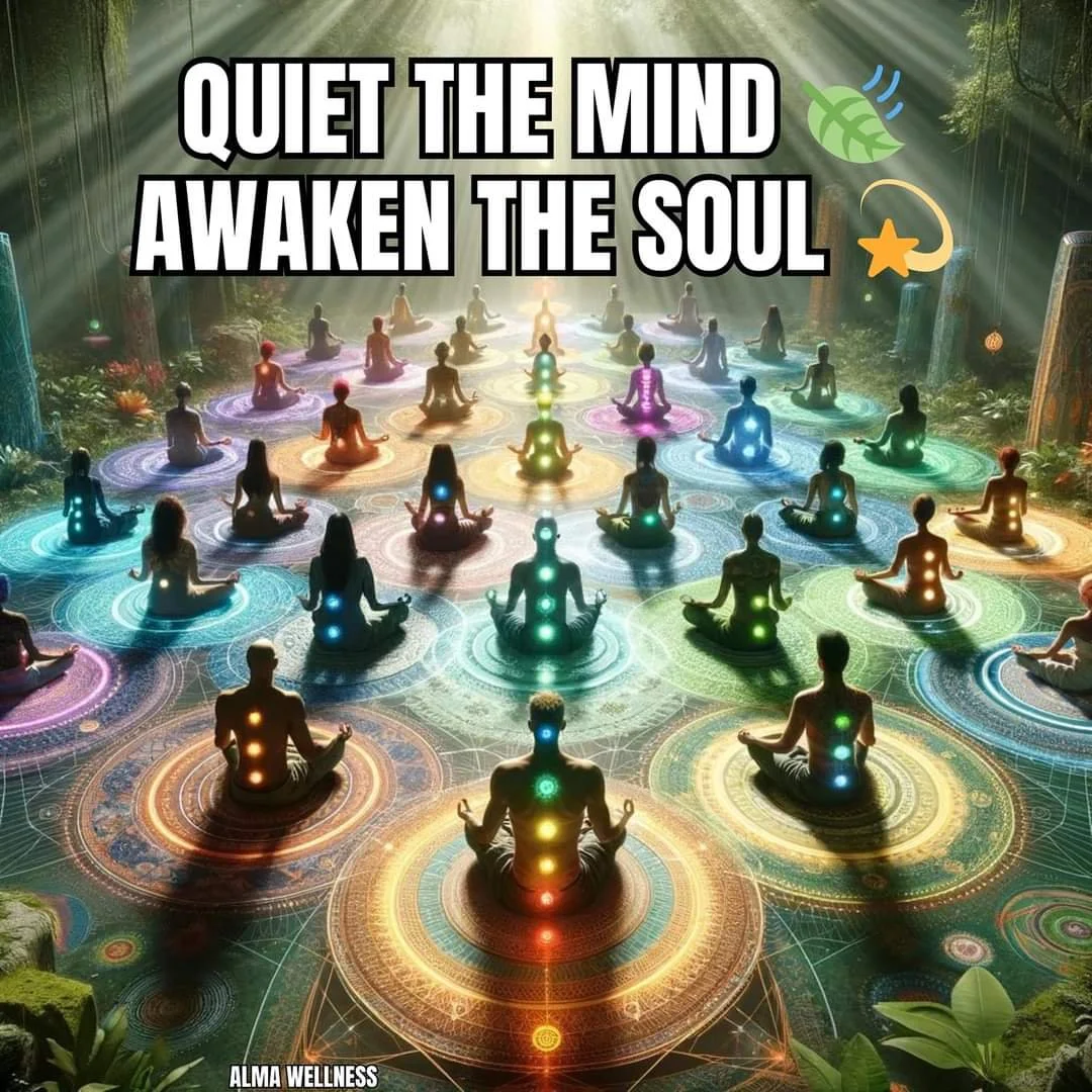 A group of people practicing yoga in a forest, seated on colorful mats with illuminated chakras. Sunlight filters through trees, creating a peaceful atmosphere.