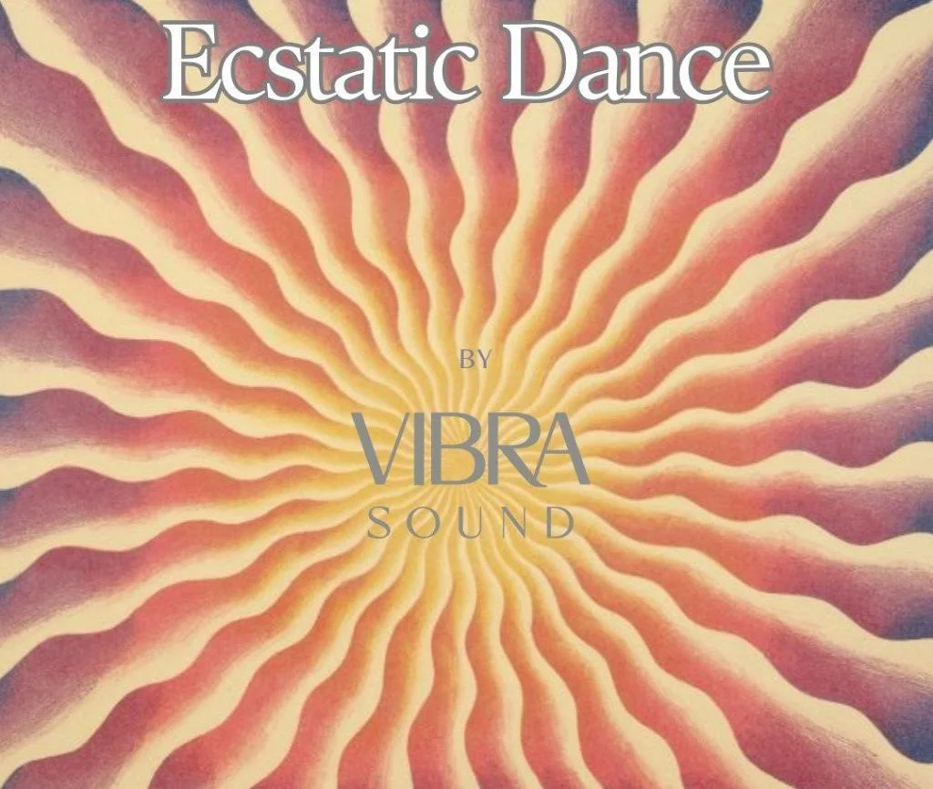 An album cover titled "Ecstatic Dance" by Vibra Sound featuring a swirling, radiating pattern in warm colors, resembling a sunburst.