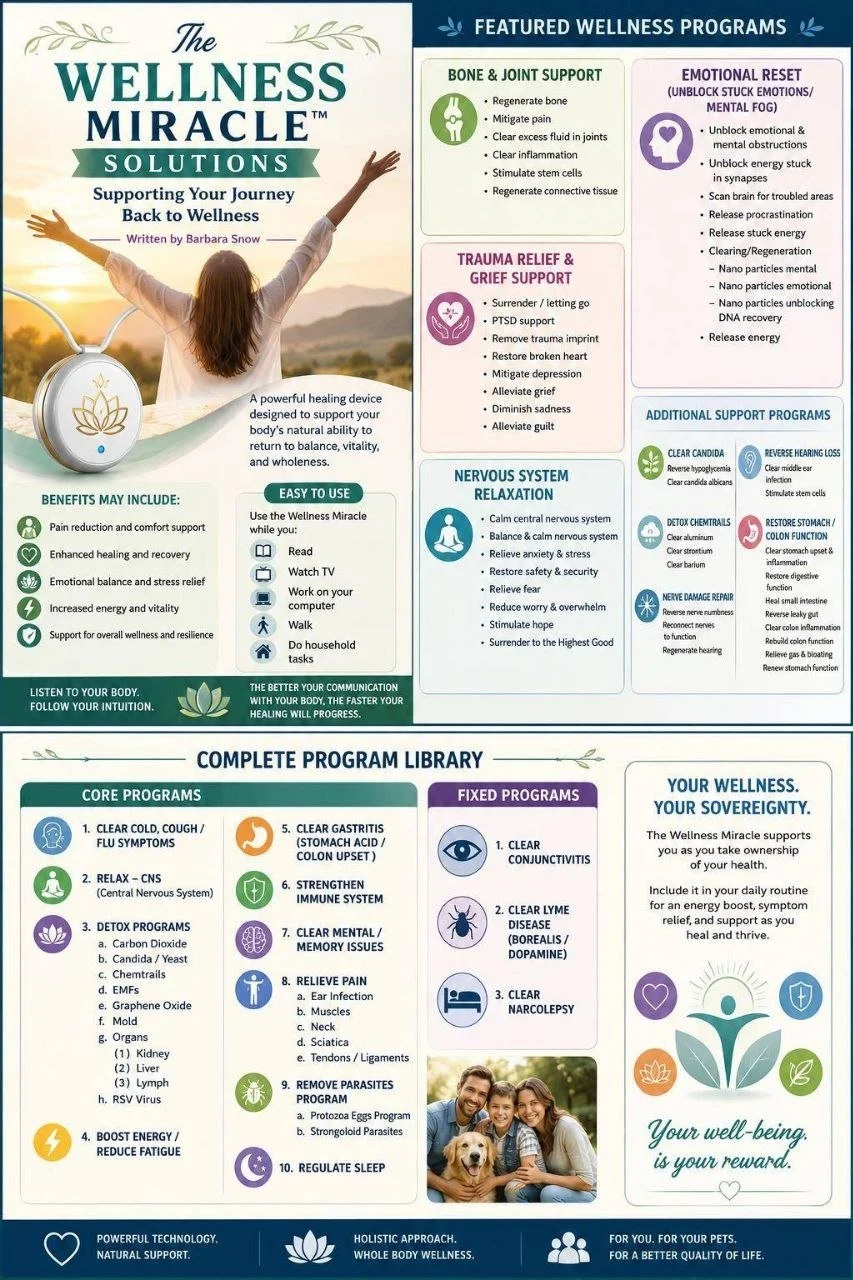 An informational infographic about wellness programs, supporting natural body healing, with sections on bone and joint support, trauma relief, emotional reset, nervous system relaxation, additional support programs, program library including core and fixed programs, and a message on wellness and sovereignty.