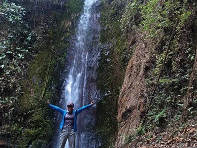 Person standing under a waterfall in a lush forest.