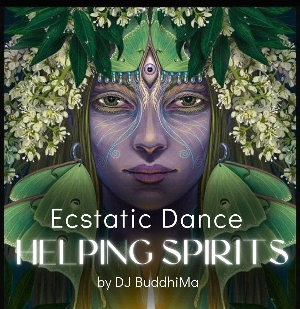 A fantasy illustration of a woman's face with green eyes, surrounded by lush green leaves, white flowers, and butterflies, with mystical face paint and jewelry, evoking a spiritual, nature-connected theme.