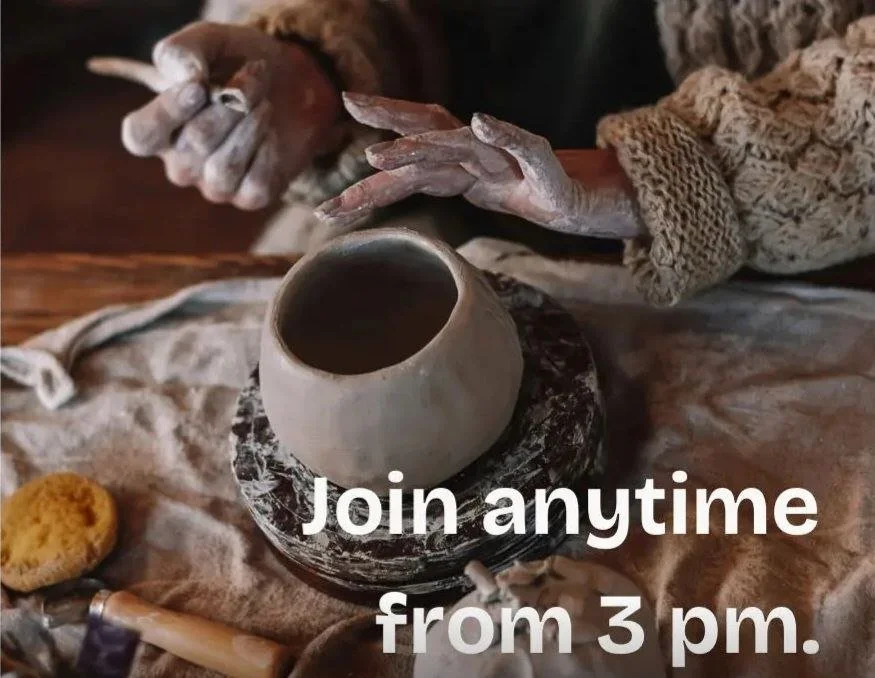A person with dusted fingers shaping gray clay on a spinning pottery wheel. The scene is set on a table with some tools and a loaf of bread in the background. The text on the image says, 'Join anytime from 3 pm.'