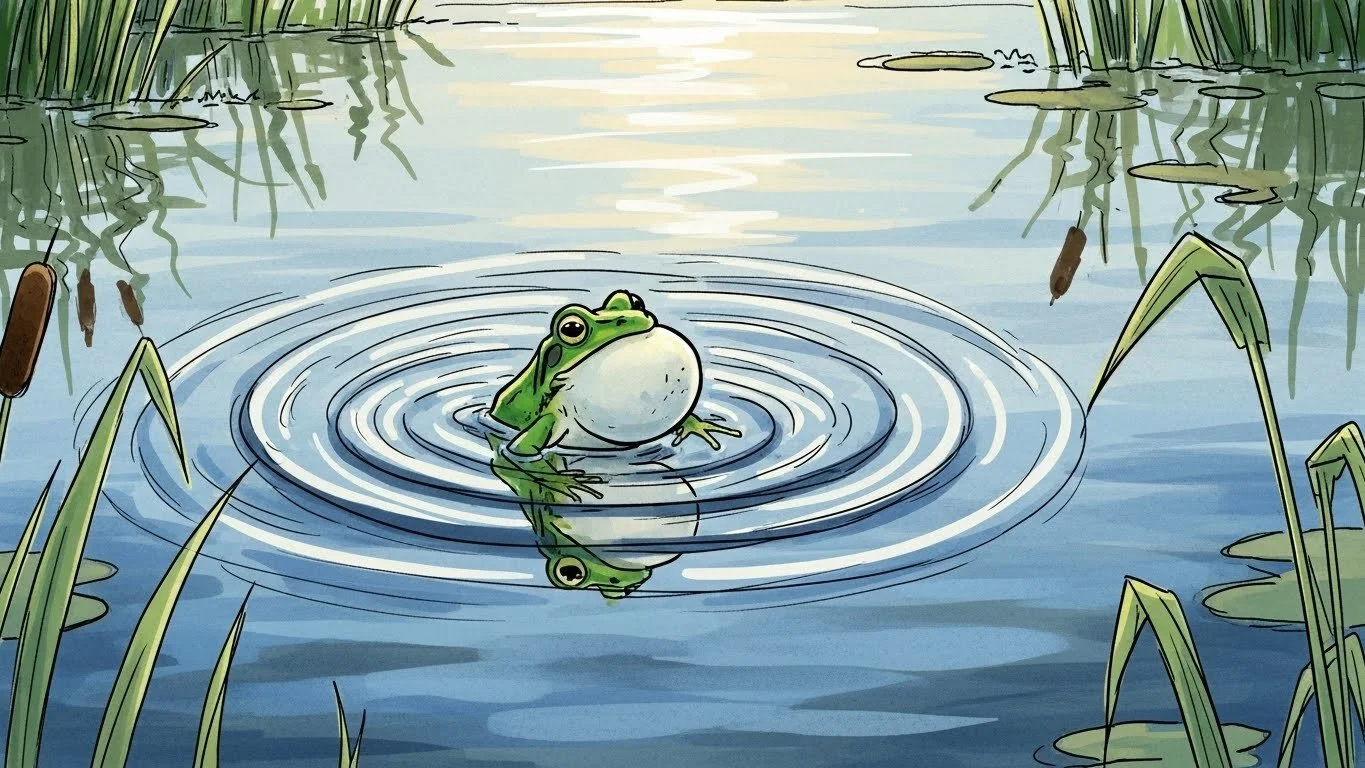A cartoon frog sitting on a lily pad in a pond, surrounded by tall grass and cattails, with a reflection of the frog in the water.