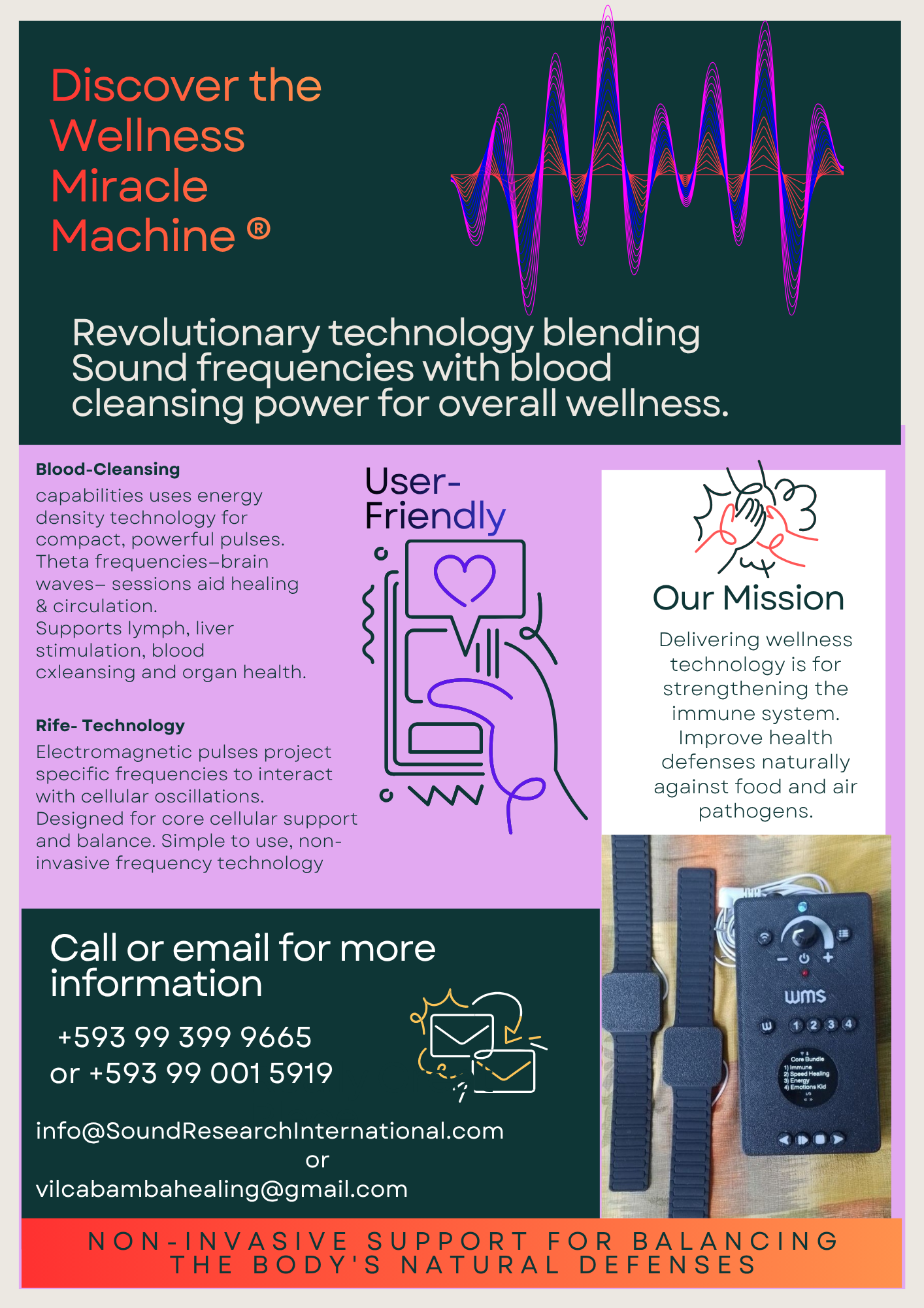 An advertisement for wellness technology called Sound Research International. The ad features a graphic of sound wave patterns, a drawing of a smartphone emitting a heart symbol, and a photo of a device and accessories. It mentions blood-cleansing capabilities using energy-dense technology, a mission to strengthen the immune system, and contact information including phone numbers and email addresses. A banner at the bottom emphasizes non-invasive support for balancing the body's defenses.