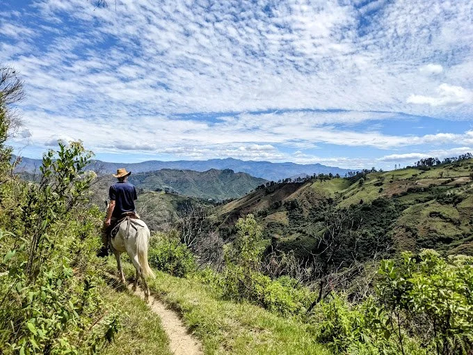 Person riding a white horse on a narrow dirt trail through green hills with mountain ranges and partly cloudy sky in the background.