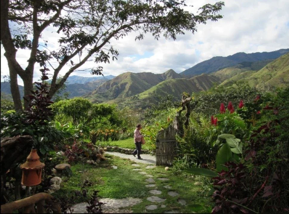 A woman walking along a stone pathway in a lush garden surrounded by vibrant green foliage, with mountains in the background and trees overhead.