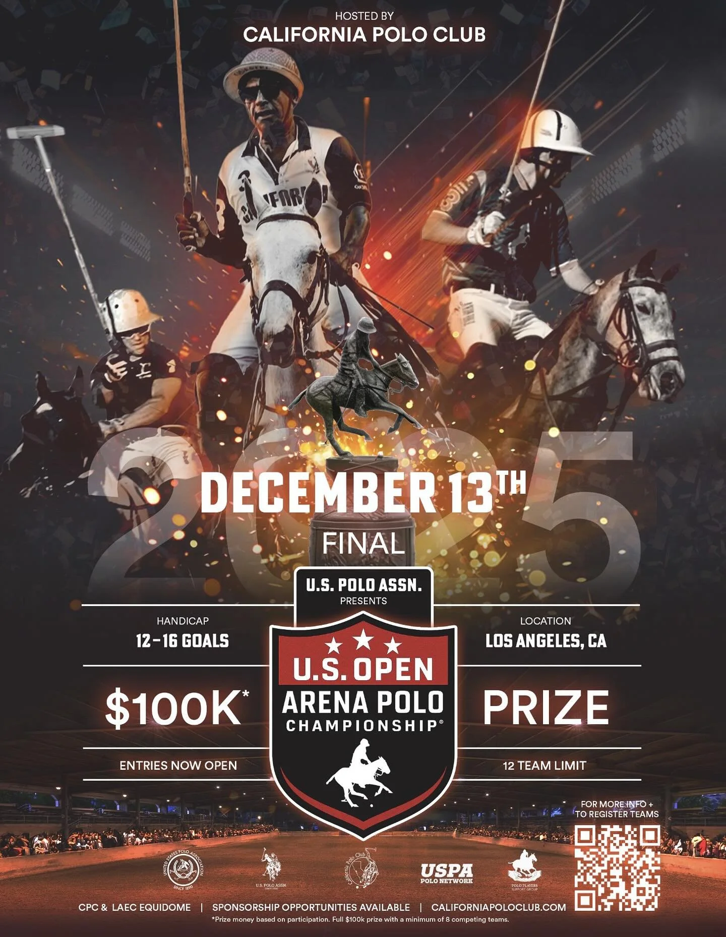The U.S. Arena Open Polo Championship returns to California Polo Club, with the finals set for December 13, 2025. The world&rsquo;s top players will step into the arena to battle for glory, and a record $100,000 purse.

First played in 1926, when Yal