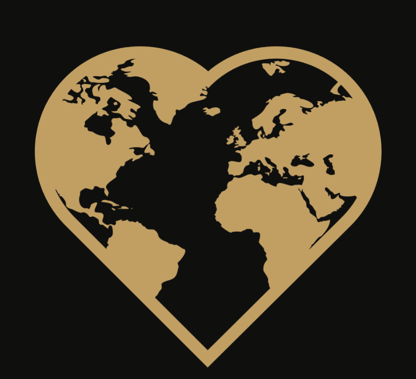 A heart-shaped design featuring a map of the world in black and tan colors.