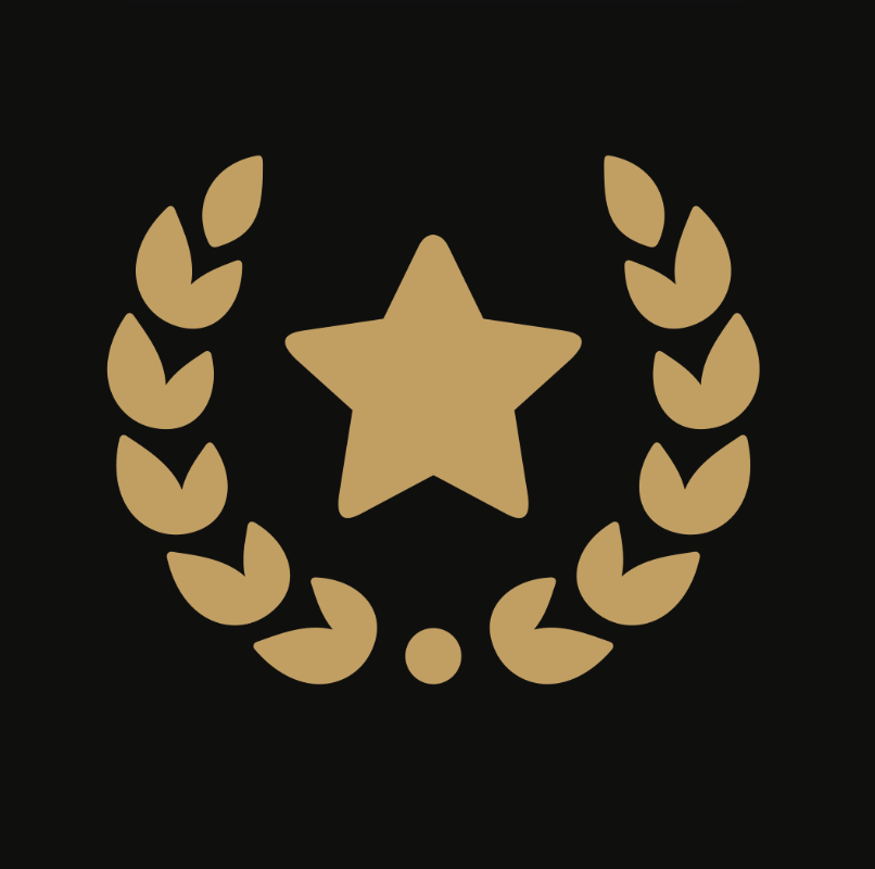 Gold star surrounded by a laurel wreath on a black background.
