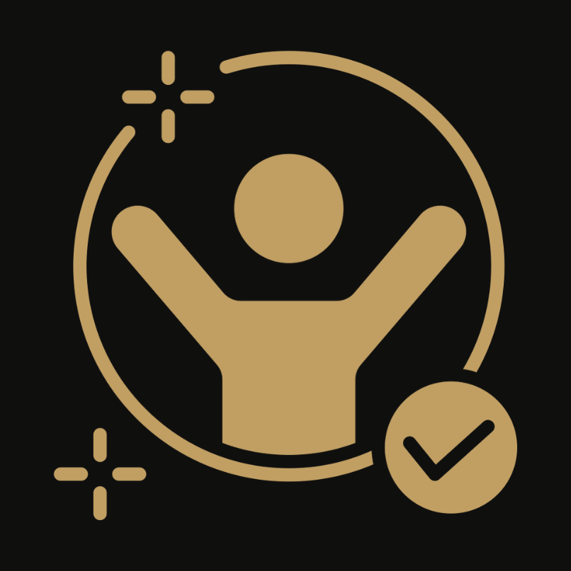 Icon of a person with raised arms inside a circle, with a checkmark and sparkles, representing achievement or success.