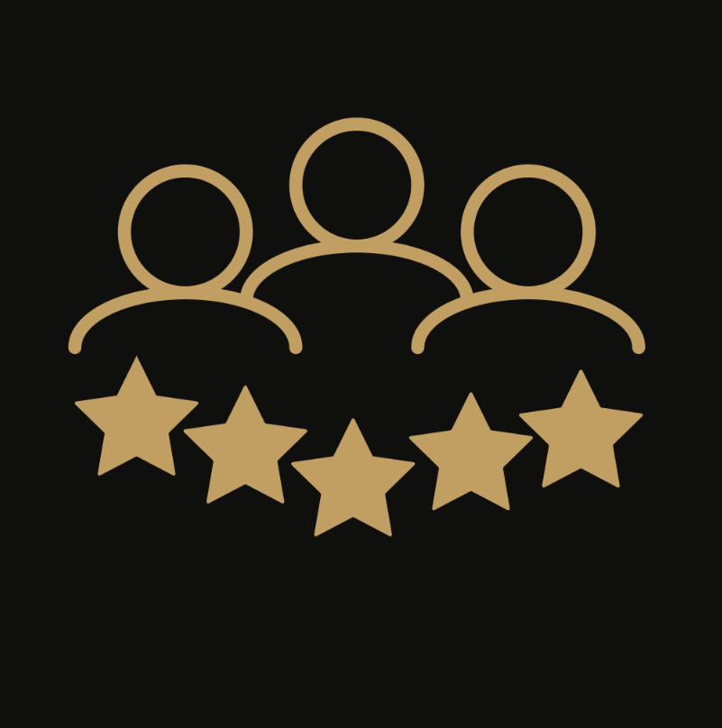 Icon of three people with a five-star rating below them, on a black background.