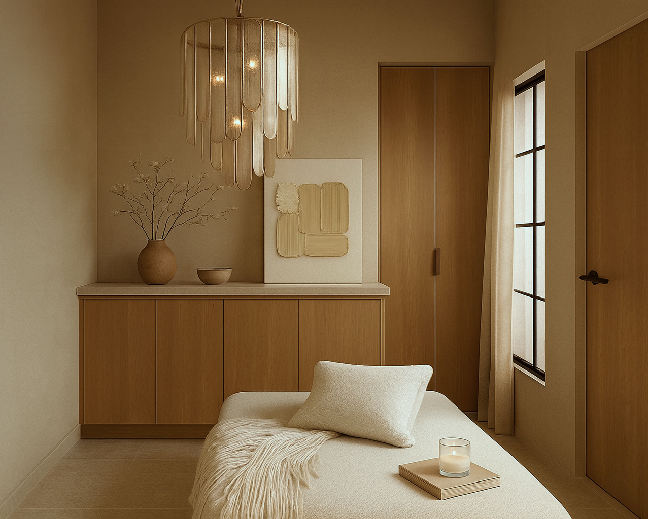 Minimalist hospitality interior design with serene, tactile layering by Nhance Space