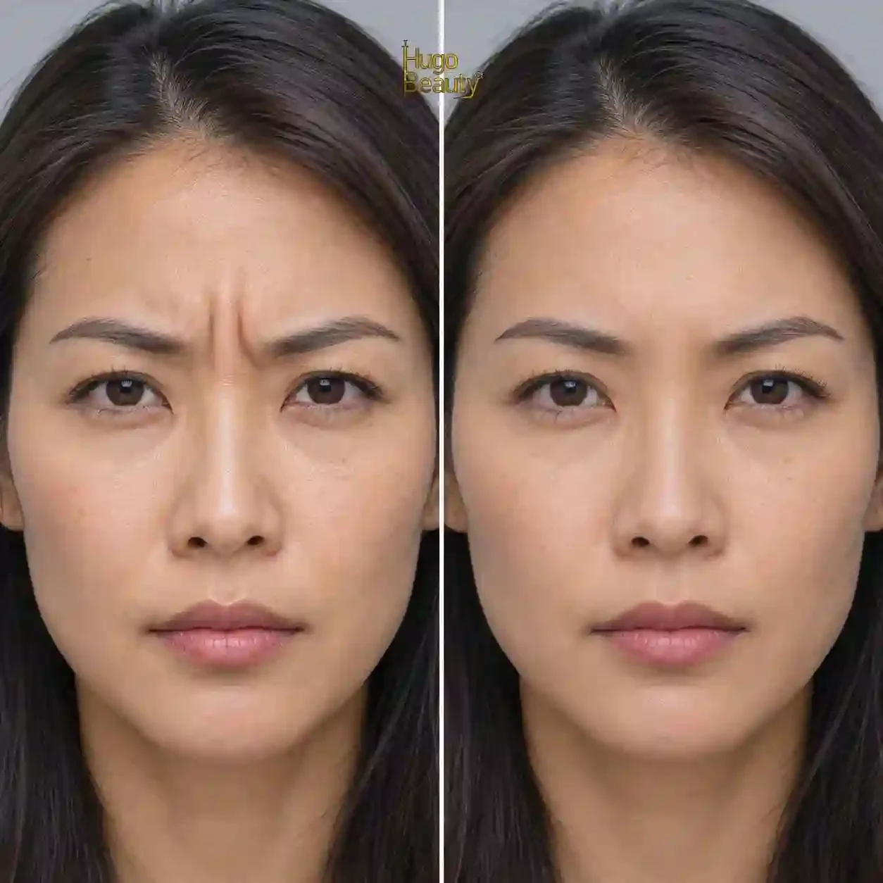 Two halves of a woman's face, frown lines between the brows on the left and smoother skin on the right — illustration for skincare and makeup around facial laser hair removal