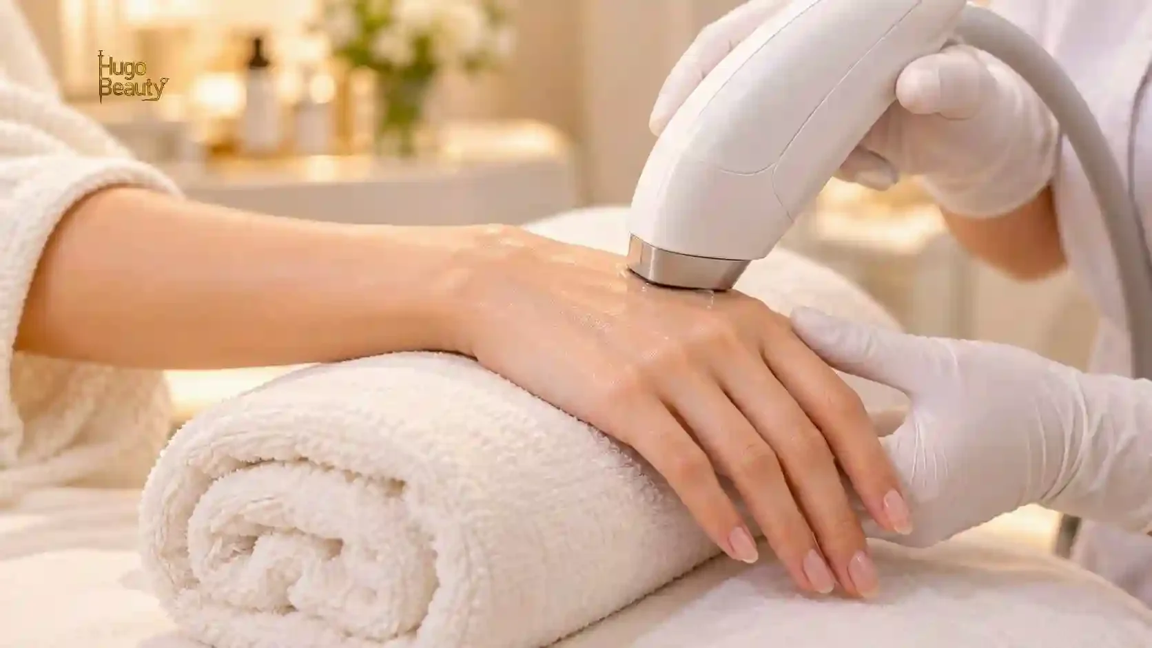 HIFU 10D MPT hand rejuvenation at Hugo Beauty in Ho Chi Minh City, a gloved specialist gliding the HIFU handpiece over the back of the client's hand