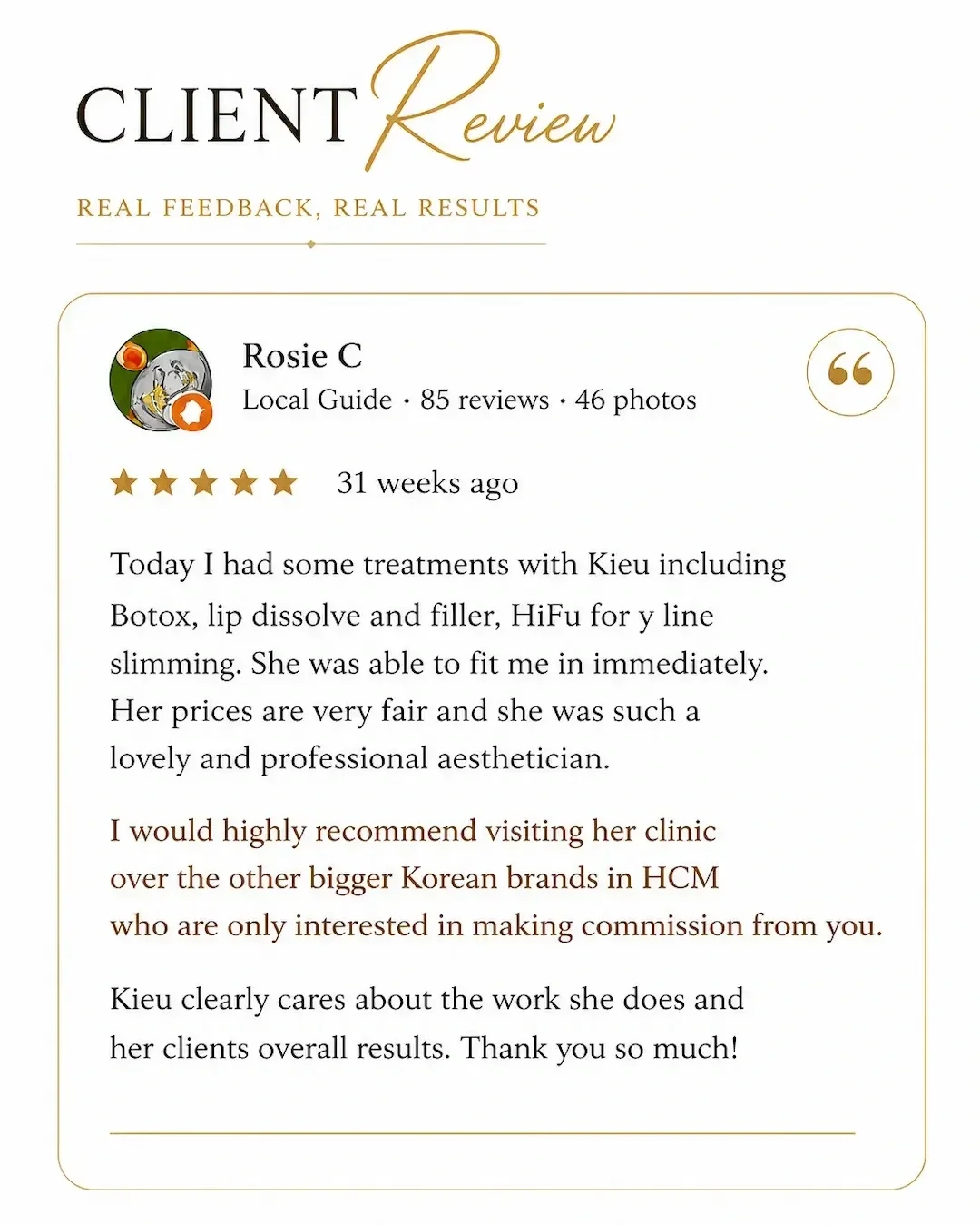 Client testimonial for natural lip filler service at Hugo Beauty in Ho Chi Minh City featuring soft glam aesthetic results.