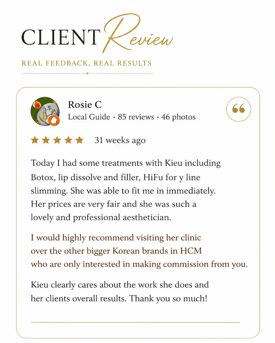 Review khách hàng quốc tế tại Hugo Beauty TP.HCM về dịch vụ filler môi tự nhiên với hiệu ứng môi căng bóng mềm mại và phong cách luxury aesthetic.