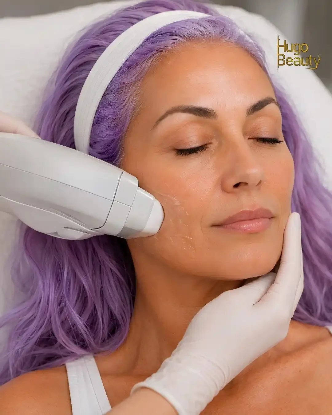 Hugo Beauty specialist keeping the Ultraformer MPT cartridge flat on the skin during HIFU in Ho Chi Minh City