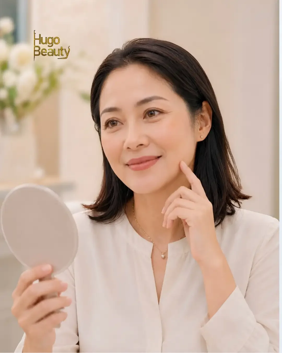 Khách hàng soi gương kiểm tra da mặt trước khi nâng cơ HIFU tại Hugo Beauty TP.HCM
