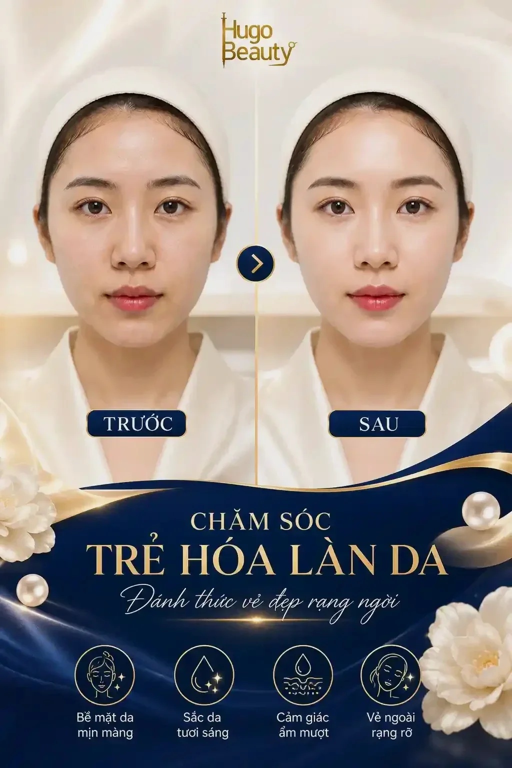 Da trước và sau khi được chăm sóc cấp ẩm chuyên sâu tại Hugo Beauty Phú Nhuận, TP.HCM