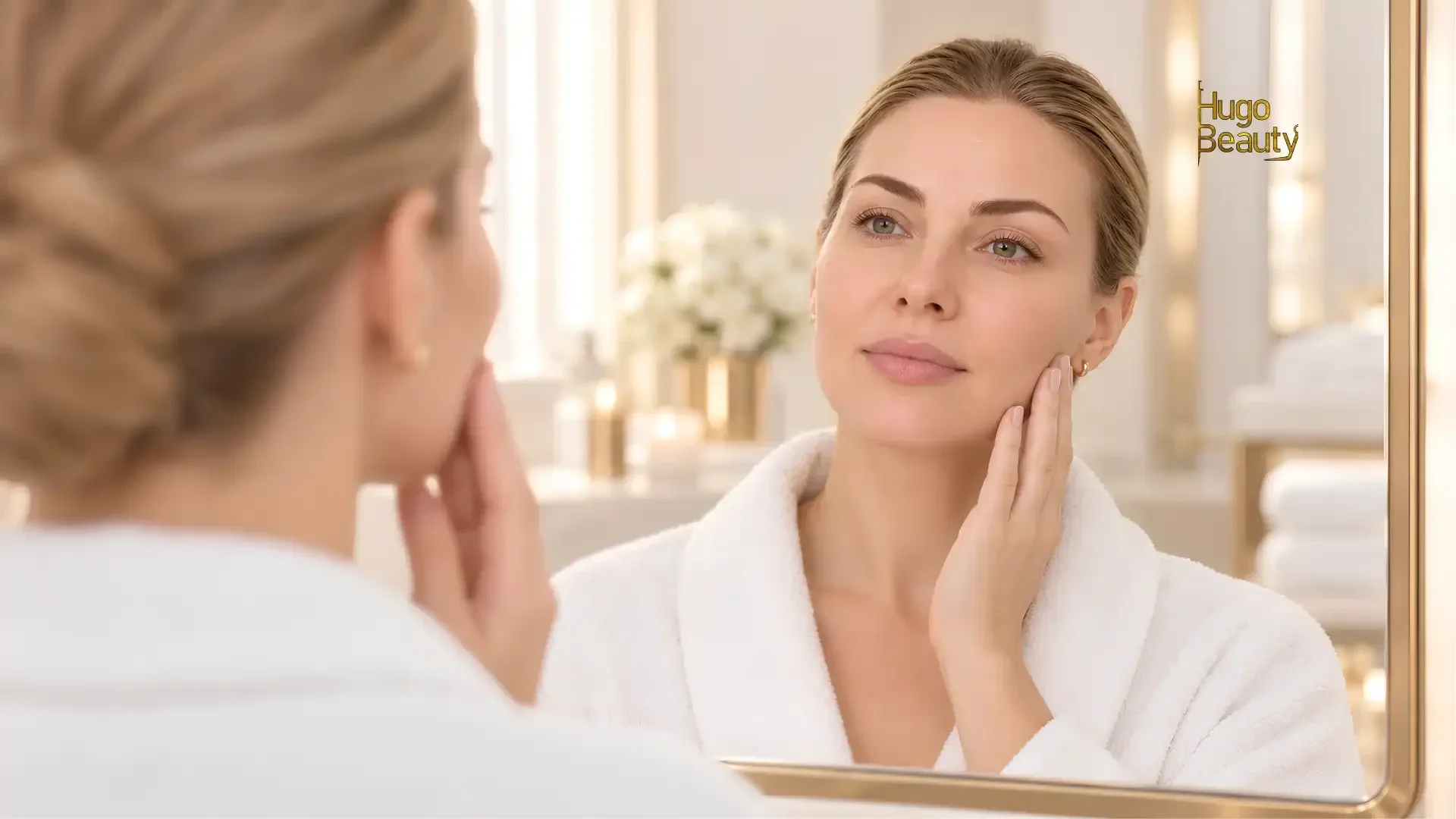 Client checking her skin in the mirror before a personalized skin care consultation at Hugo Beauty in Ho Chi Minh City