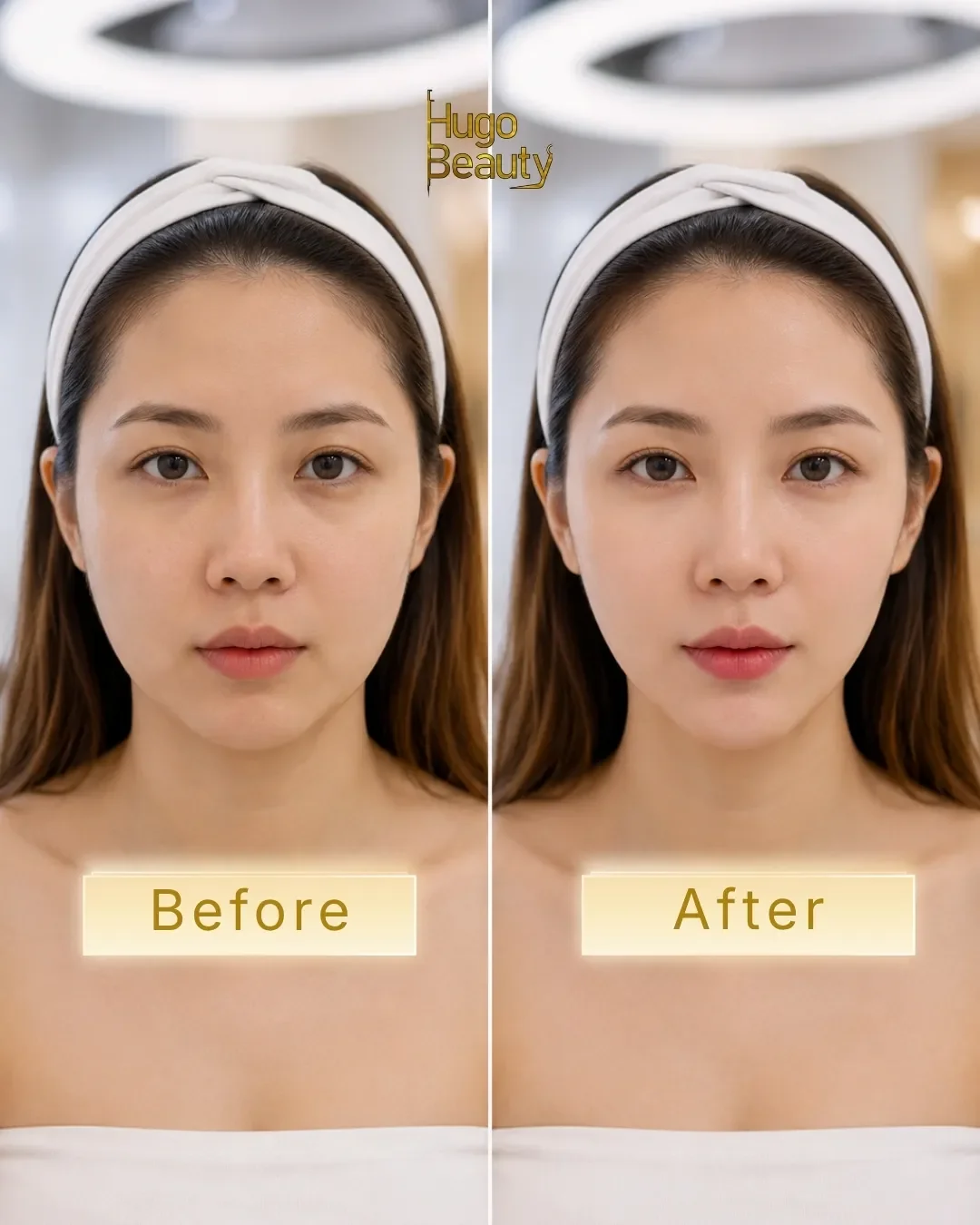 Client before and after lower face contouring with Ultraformer MPT HIFU at Hugo Beauty, Ho Chi Minh City.