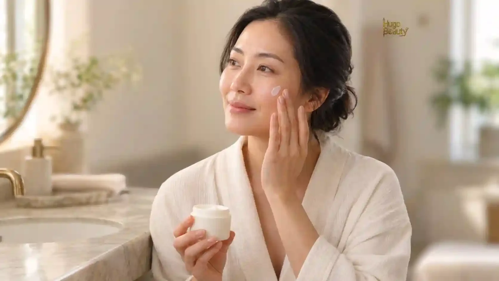 Khách nữ thoa kem dưỡng ẩm tại nhà theo hướng dẫn chăm sóc da sau HIFU của Hugo Beauty TP.HCM
