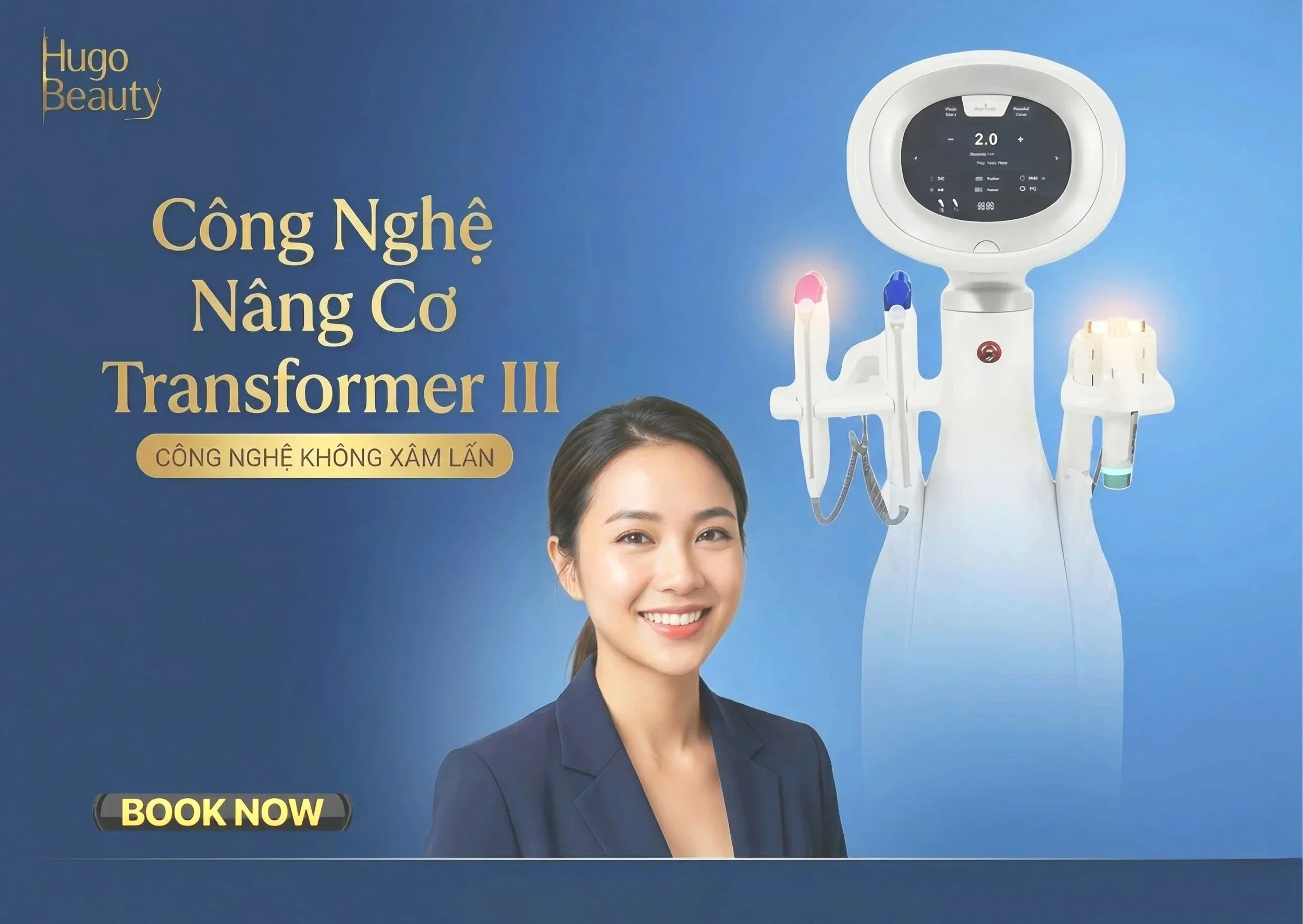 Advertisement featuring a smiling woman in formal attire, highlighting advanced beauty technology with a focus on a digital machine and beauty tools, encouraging viewers to book now.