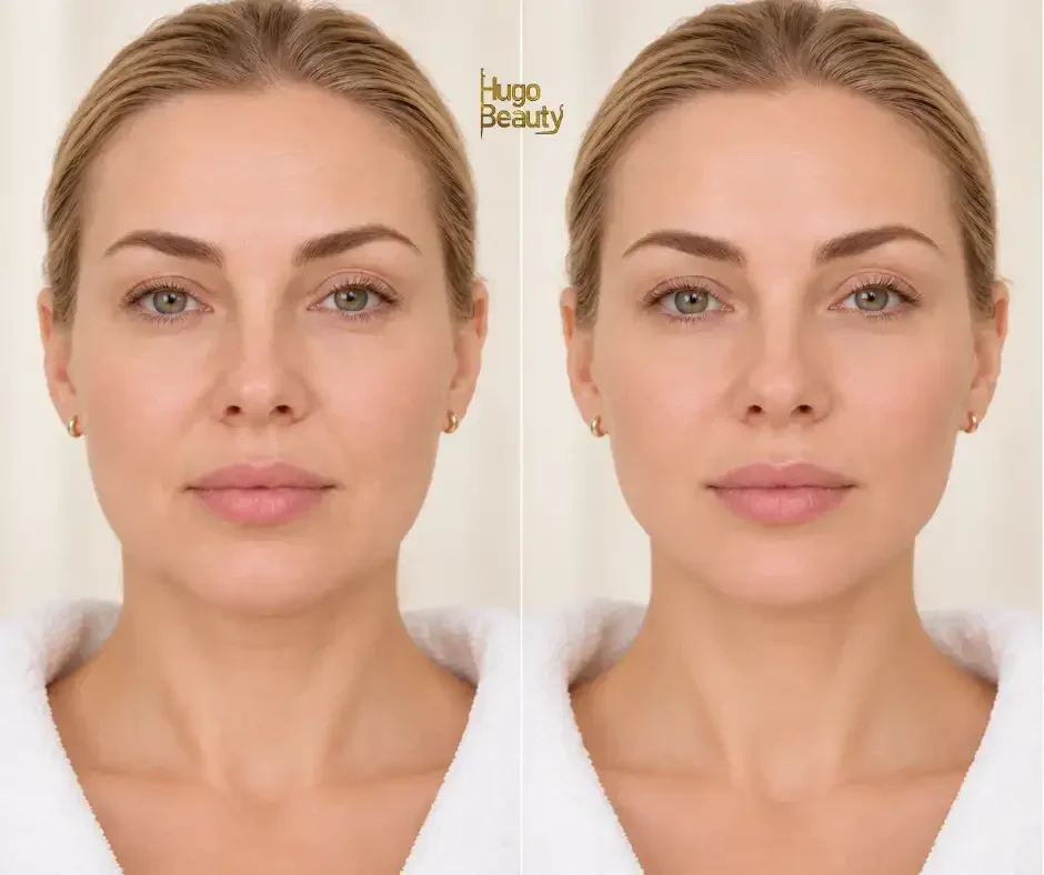 Front-view portrait used for the ten-second mirror check, comparing forehead lines at rest and when the eyebrows are raised