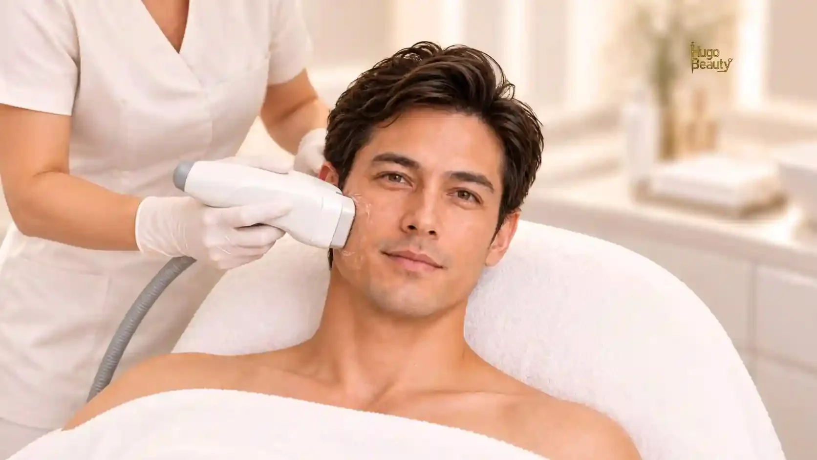 Specialist doing a HIFU session on a male client lying on a bed at the Hugo Beauty studio in Ho Chi Minh City
