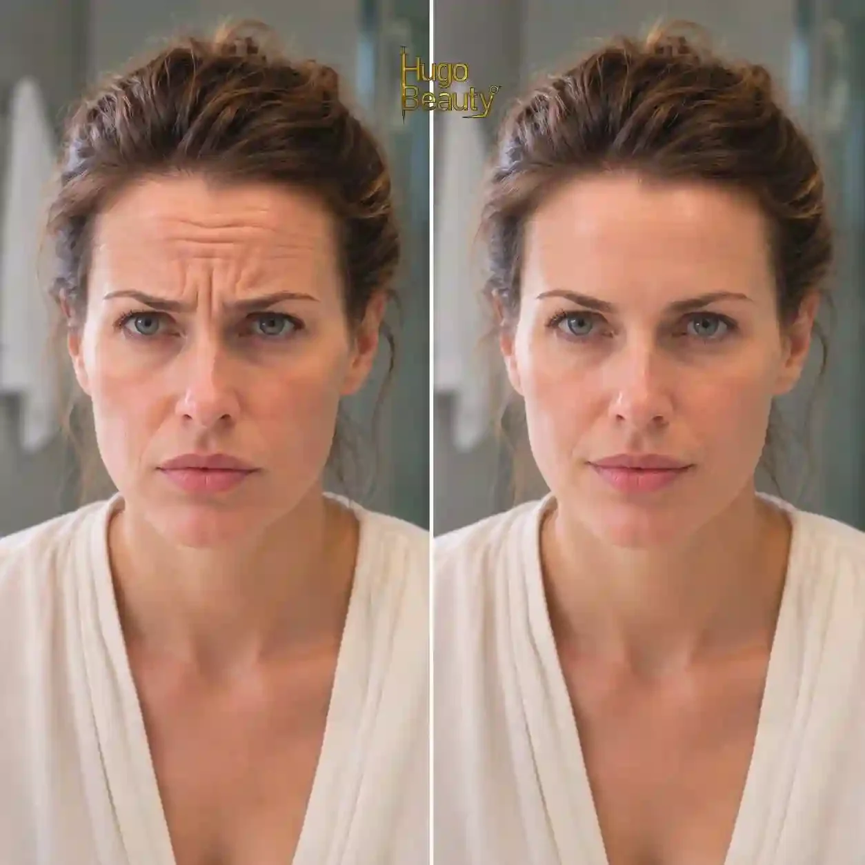 Before and after wrinkle softening at Hugo Beauty, with smoother forehead lines and a rested, natural expression.