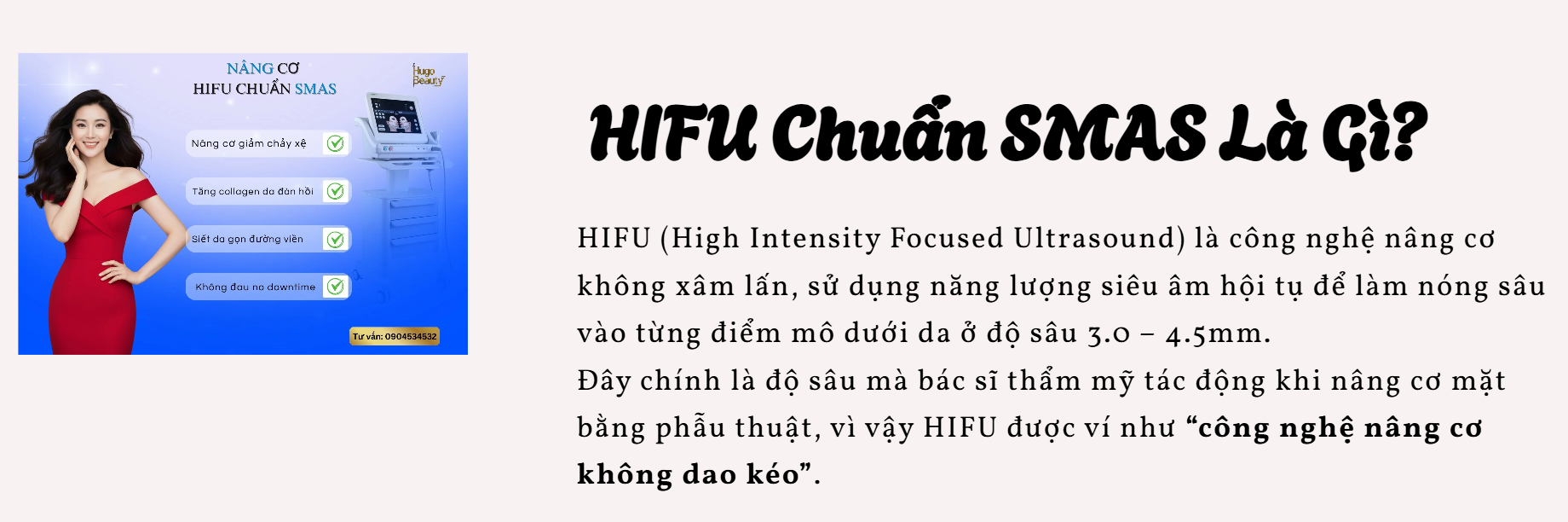 Nâng cơ HIFU chuẩn SMAS giúp siết da, giảm chảy xệ, tăng collagen và trẻ hóa an toàn. Thực hiện bởi nhân viên y tế tại Hugo Beauty, Phú Nhuận.