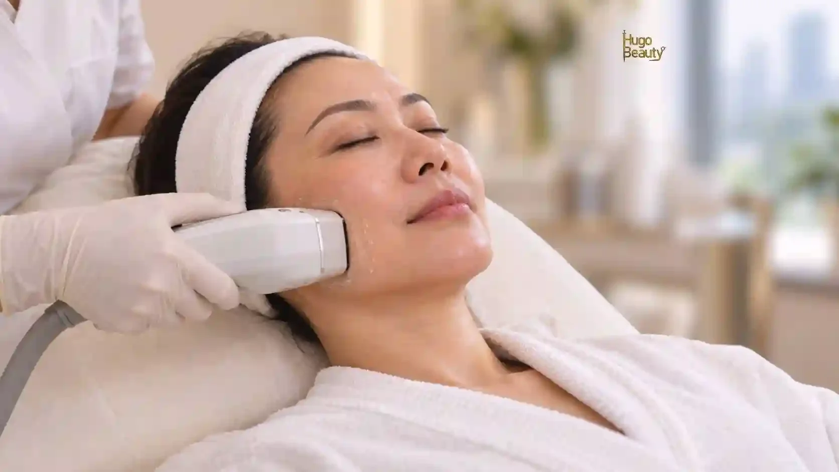 HIFU session at the Hugo Beauty studio in Ho Chi Minh City, a client relaxing with a headband keeping her hair off the forehead