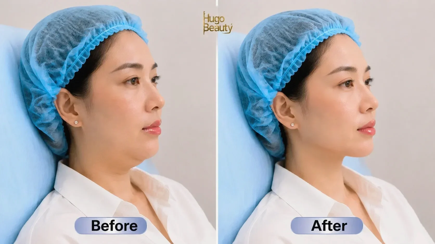 Trước và sau HIFU giảm nọng cằm bằng Ultraformer MPT tại Hugo Beauty TP.HCM.
