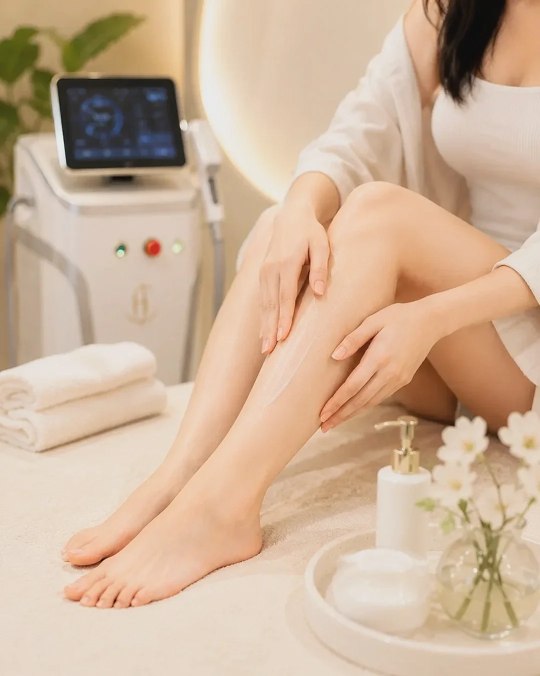 Khách hàng dưỡng ẩm và chăm sóc da sau triệt lông Diode Laser tại Hugo Beauty Phú Nhuận với làn da mềm mịn và sạch thoáng