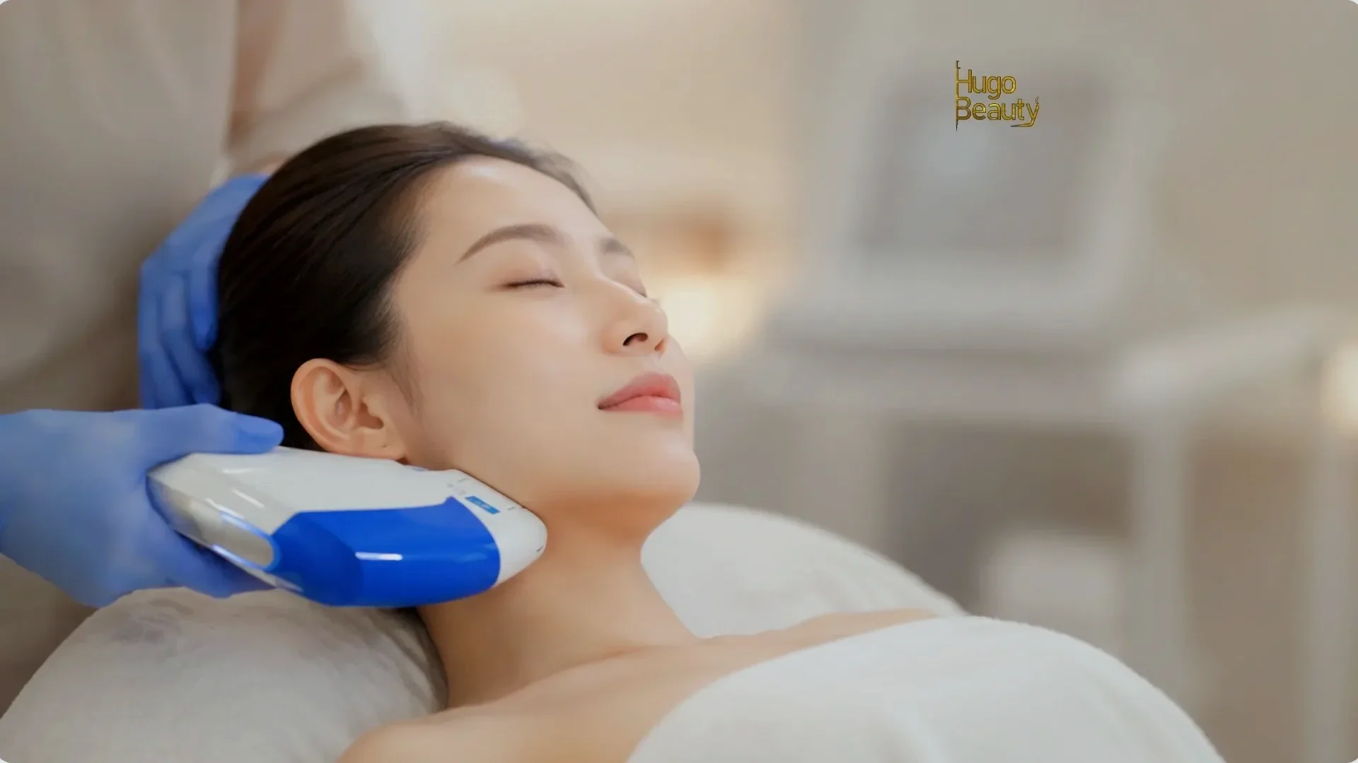 Khách hàng đang thực hiện HIFU Ultraformer MPT tại Hugo Beauty TP.HCM với đầu điều trị Ultraformer MPT chính hãng.