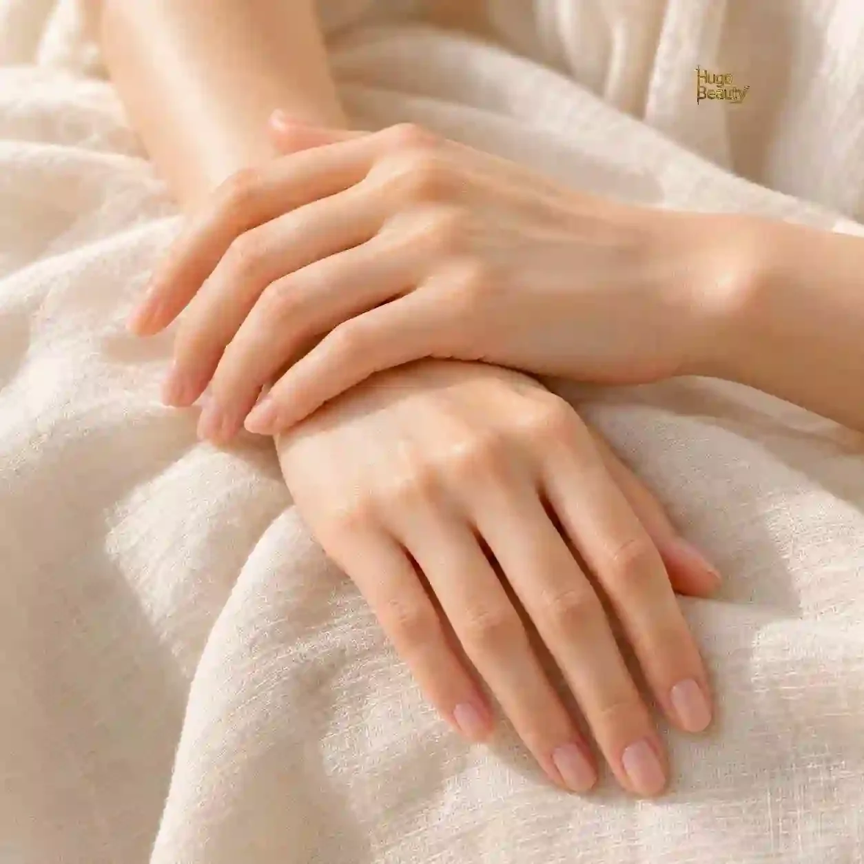 Smooth, youthful-looking hands resting on soft linen, the result clients hope for from HIFU hand rejuvenation at Hugo Beauty in Ho Chi Minh City