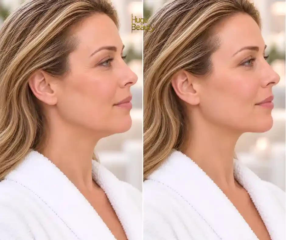 Hai ảnh nghiêng vùng dưới cằm và viền hàm của khách nữ, chụp cùng góc tại Hugo Beauty — sau 50 tuổi, thay đổi nên chờ đợi là viền hàm gọn và rõ hơn, không phải một khuôn mặt khác